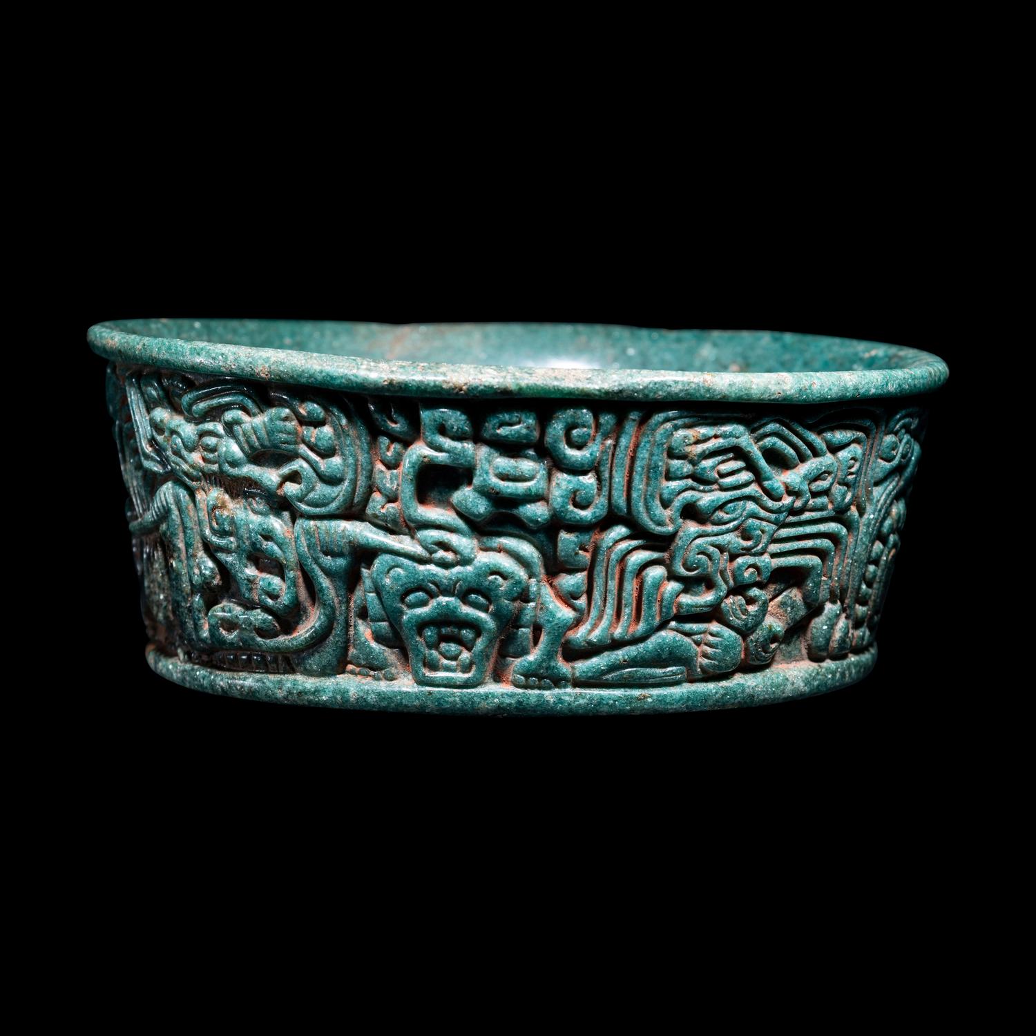 A Maya Green Fuchsite Bowl with Intricate Figures