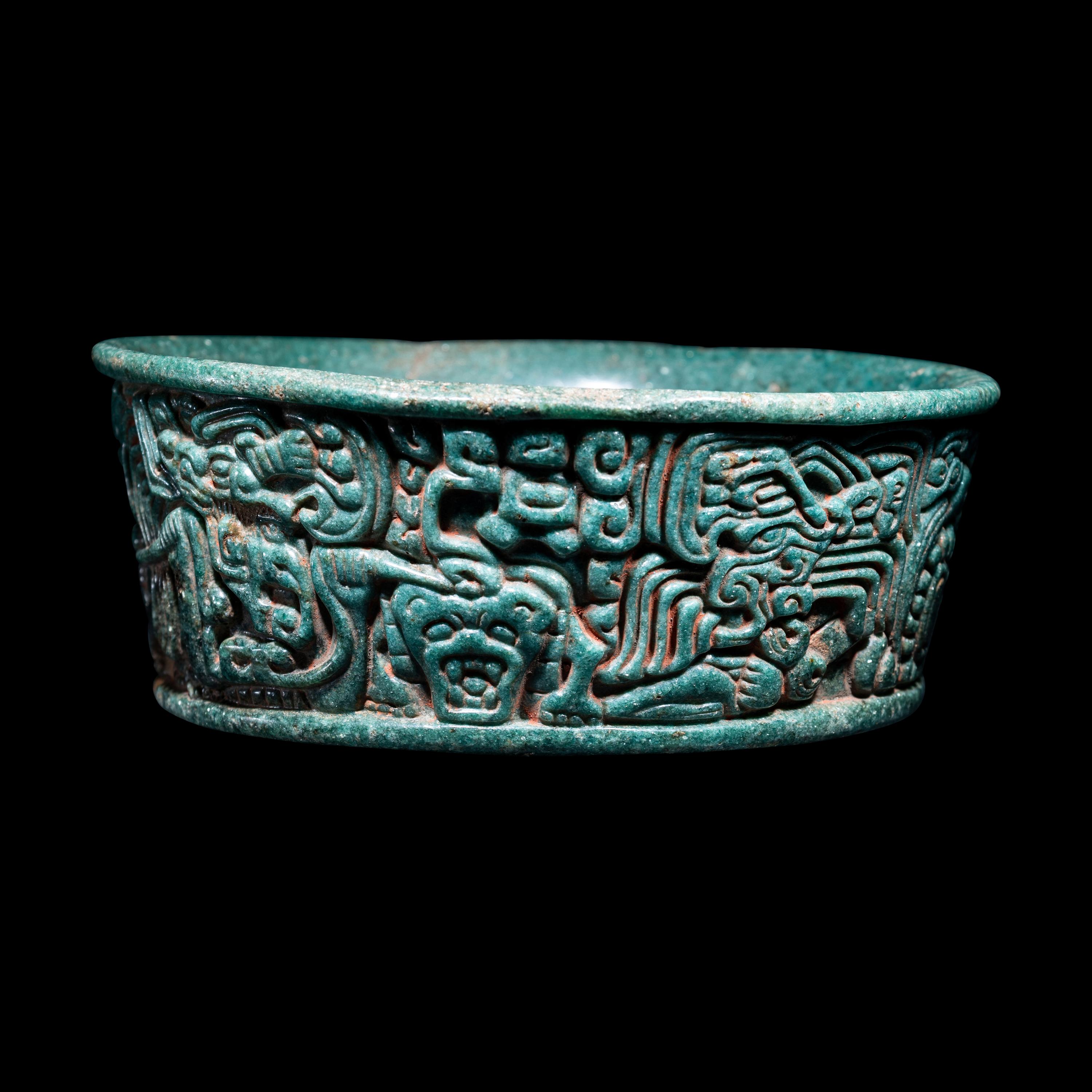 A Maya Green Fuchsite Bowl with Intricate Figures