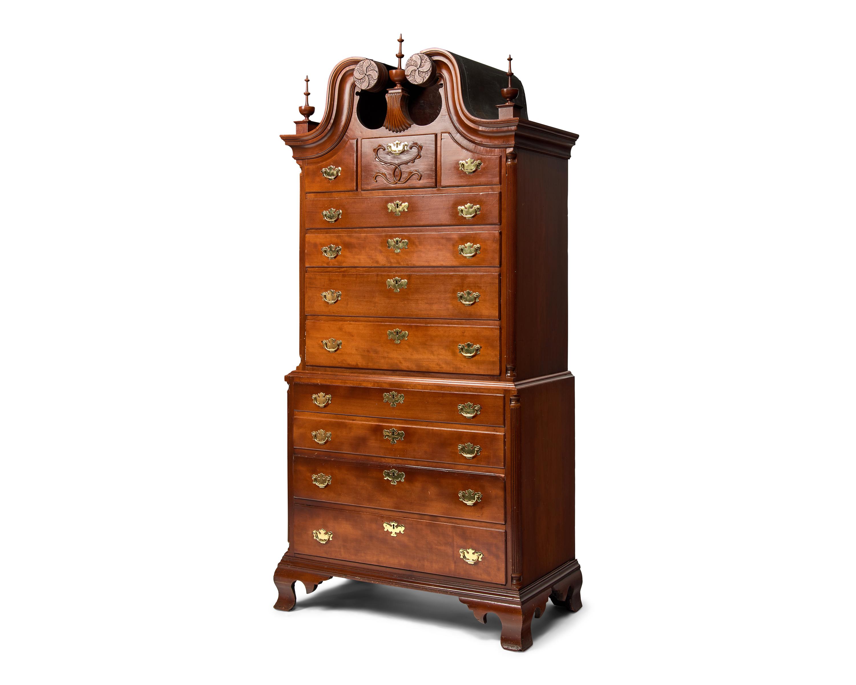 A Chippendale Cherrywood Bonnet-Top Chest-on-Chest