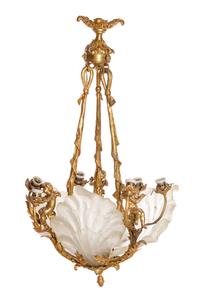 A Louis XV Style Gilt Bronze and Frosted Glass Nine-Light Ceiling Fixture