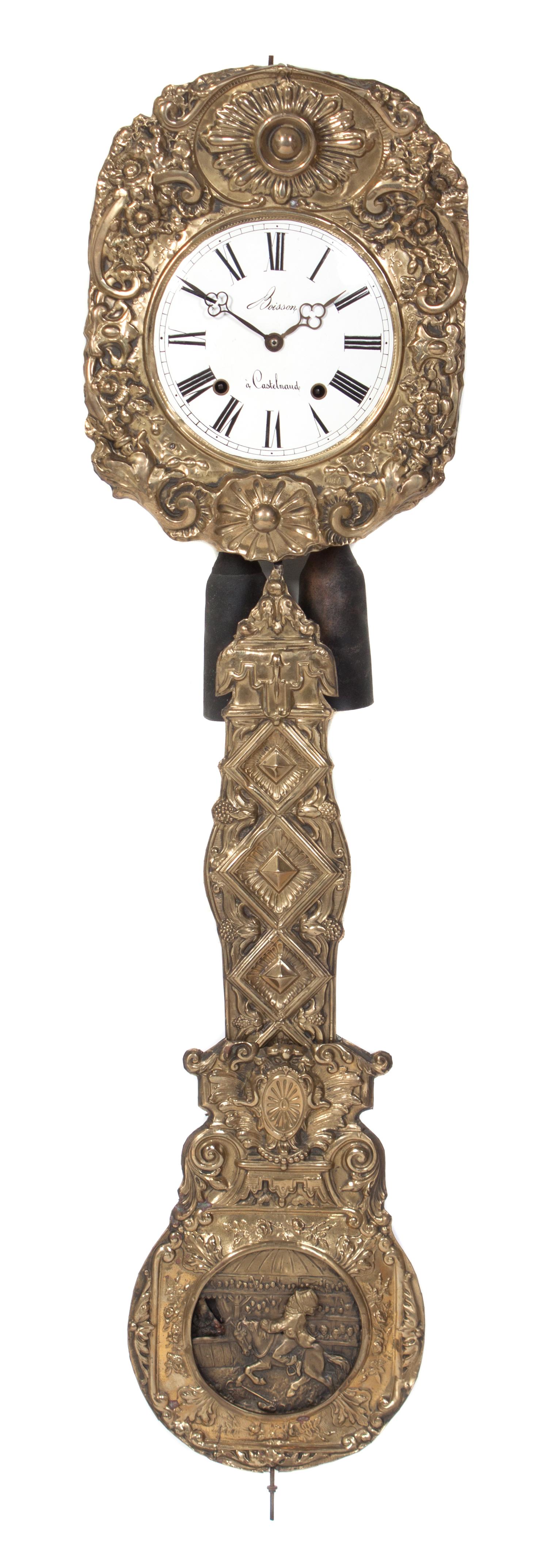 A French Brass Wag-on-the-Wall Clock Height 55 inches. — 19TH CENTURY