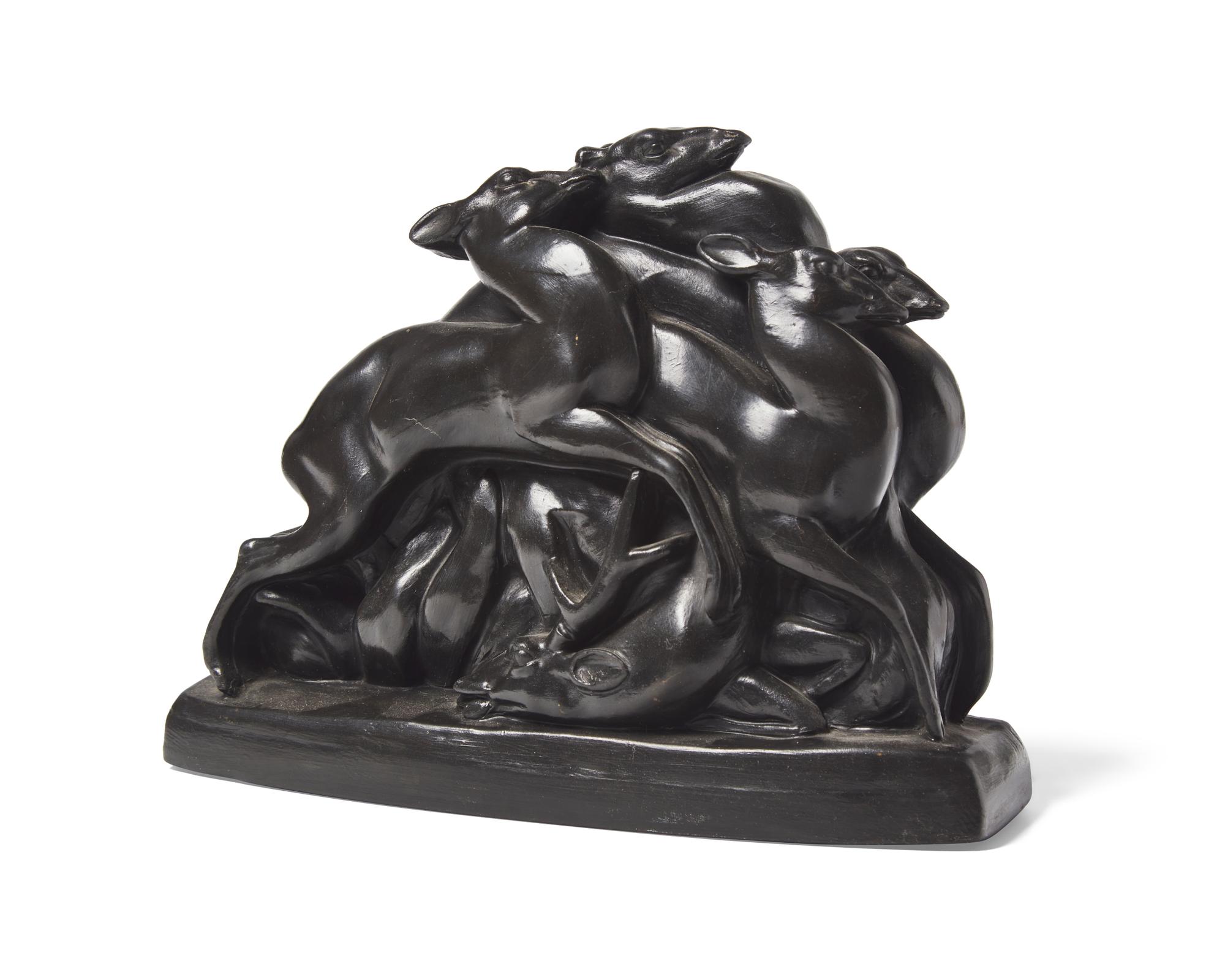 A Wedgwood Black Basalt "Running Deer" Figural Group