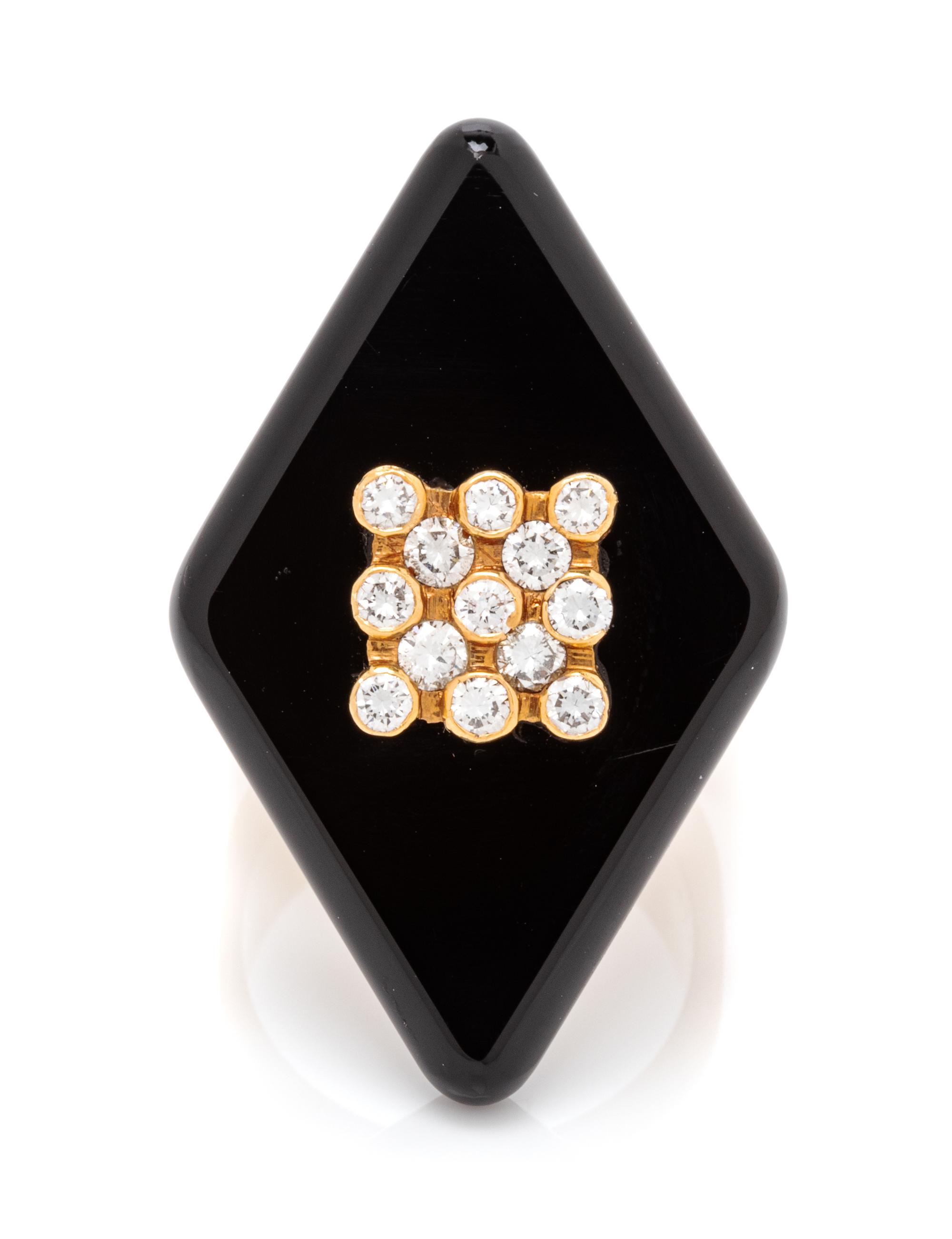 An 18 Karat Yellow Gold, Onyx and Diamond Ring, Joseph Weisager, Circa 1972, 12.00 dwts.