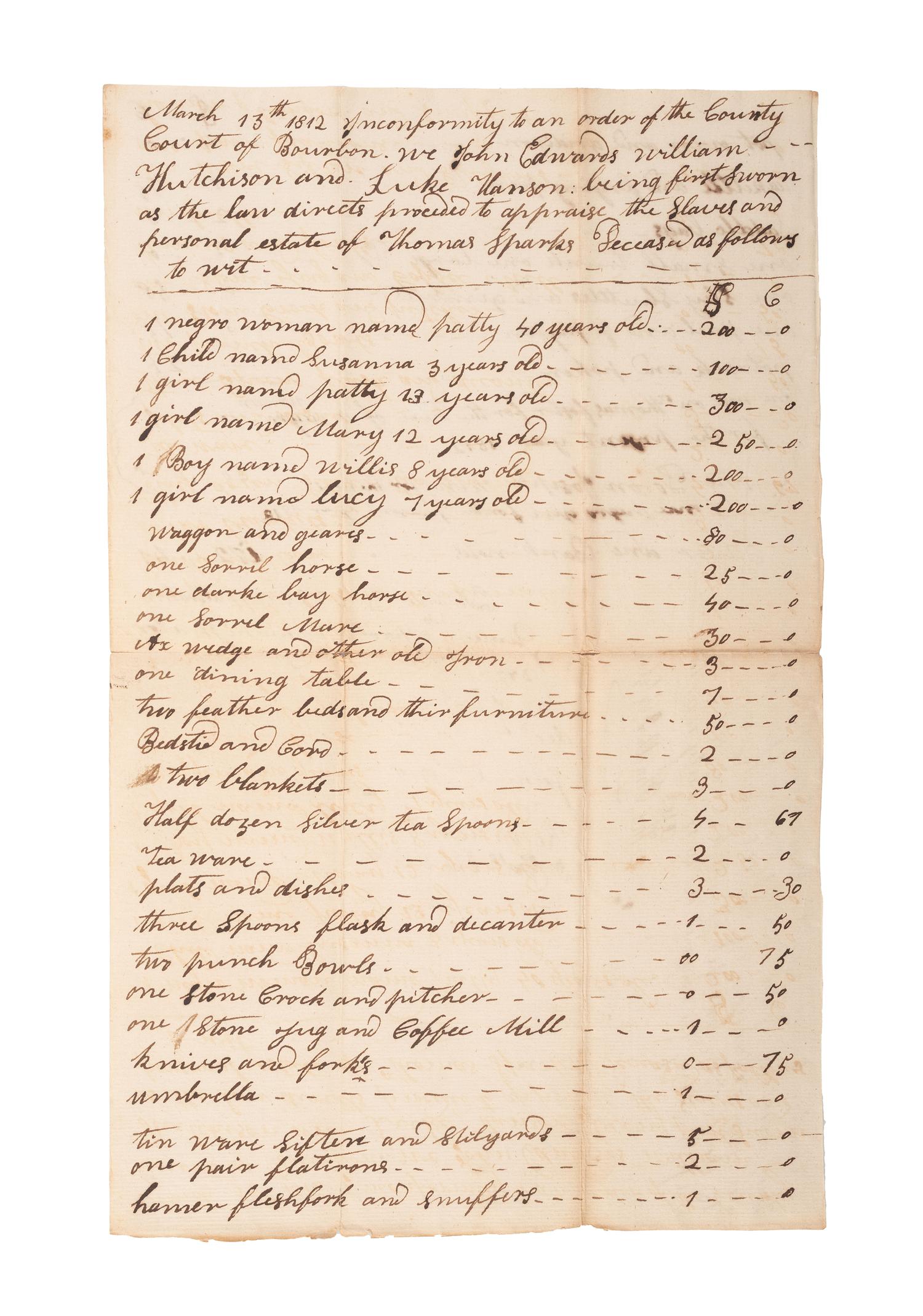 [SLAVERY & ABOLITION]. A group of 9 documents related to the enslavement of individuals in Bourbon County, Kentucky, incl. estate appraisement of a horse breeder who enslaved six people.