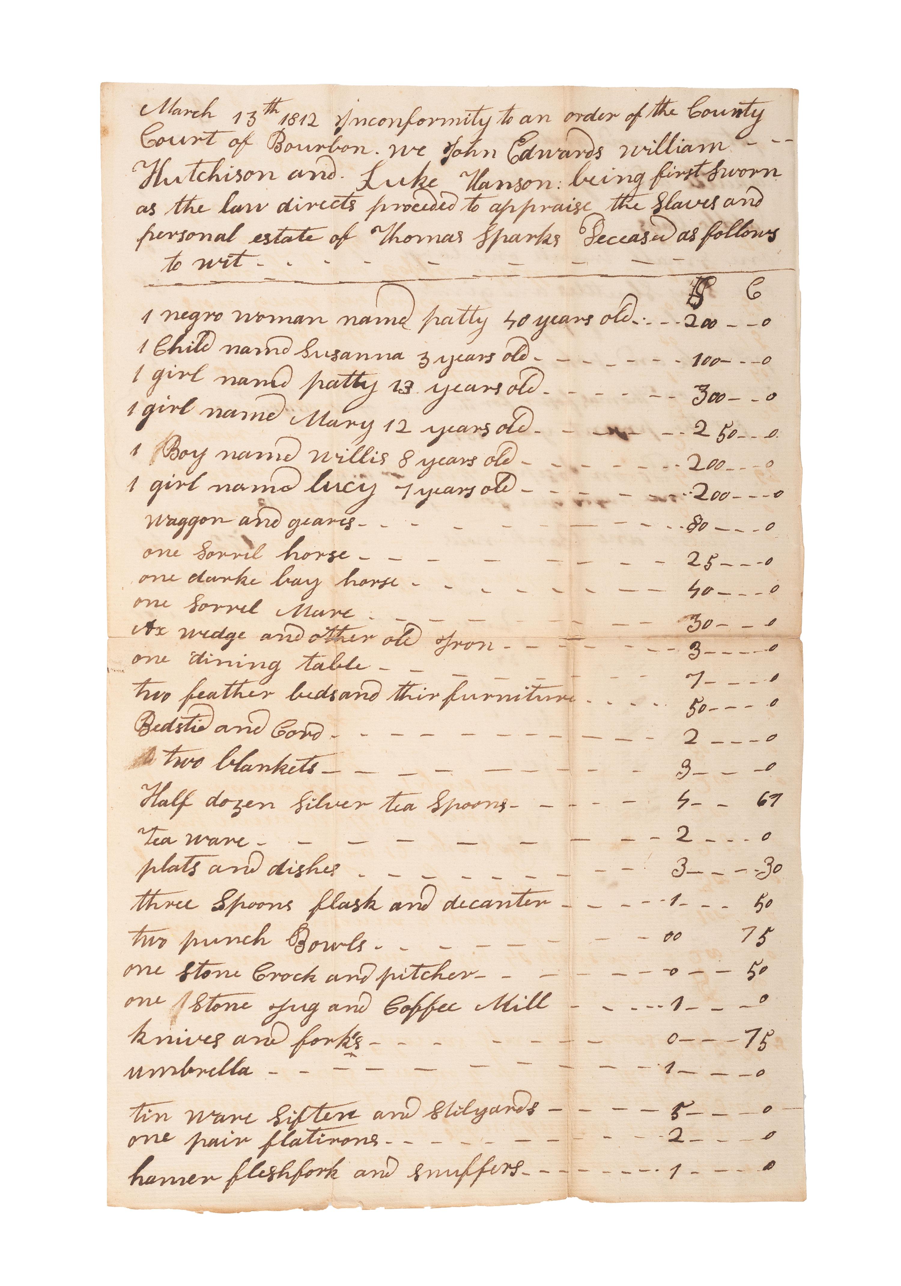 [SLAVERY & ABOLITION]. A group of 9 documents related to the enslavement of individuals in Bourbon County, Kentucky, incl. estate appraisement of a horse breeder who enslaved six people.