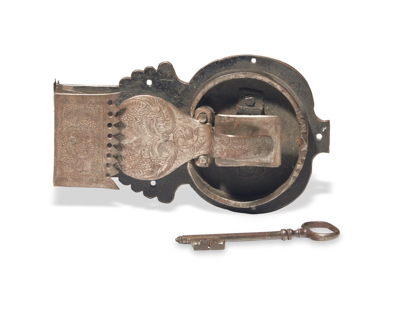 An Engraved Iron Lock Plate and Key, German, Probably 18th Century