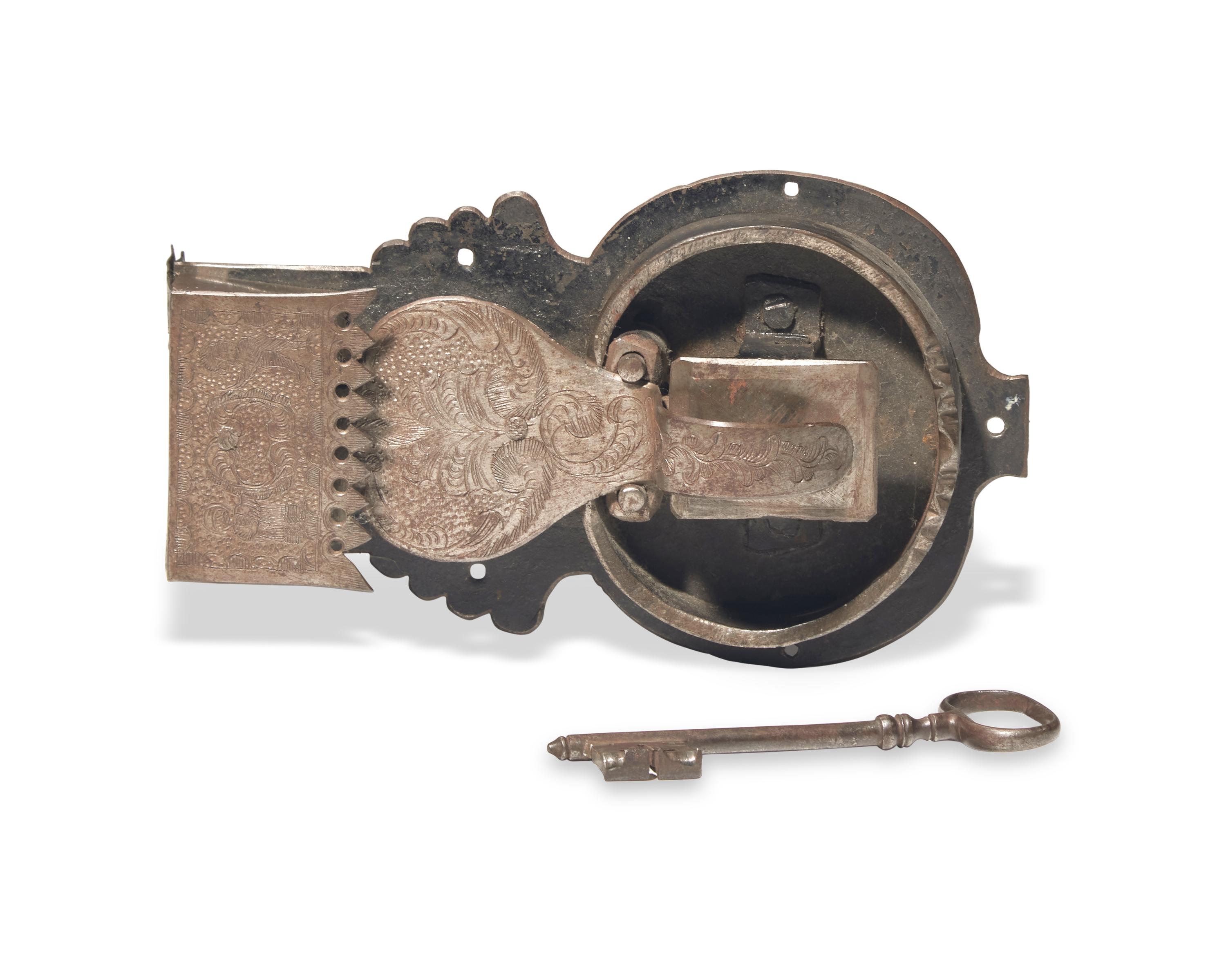 An Engraved Iron Lock Plate and Key, German, Probably 18th Century