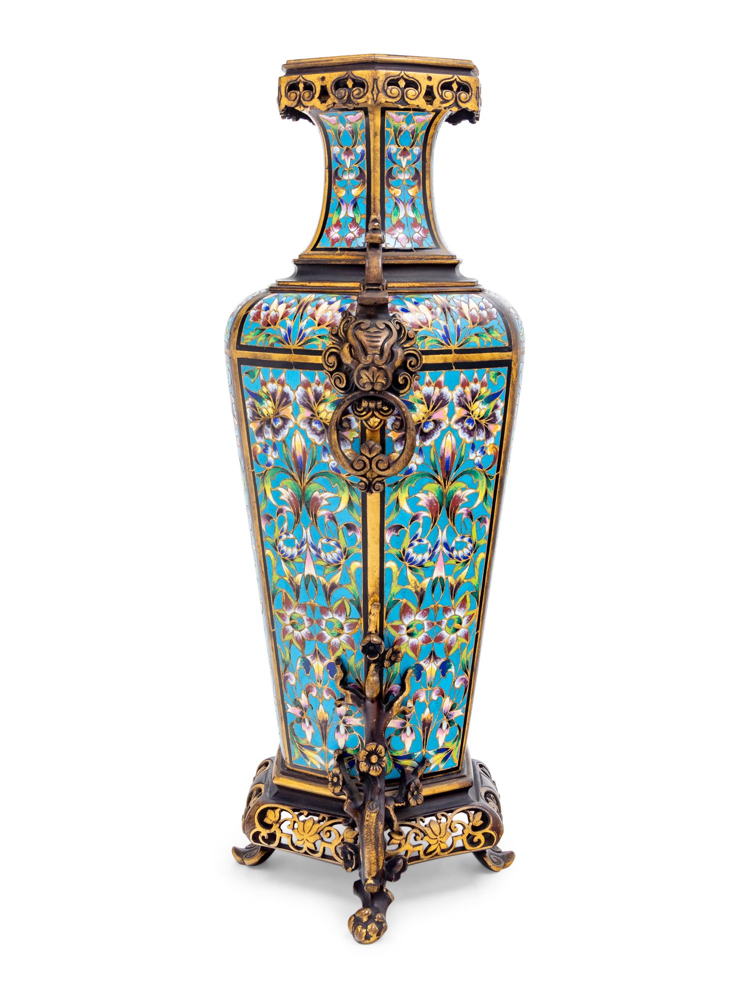 A Large Continental Gilt Metal and Champlevé Vase