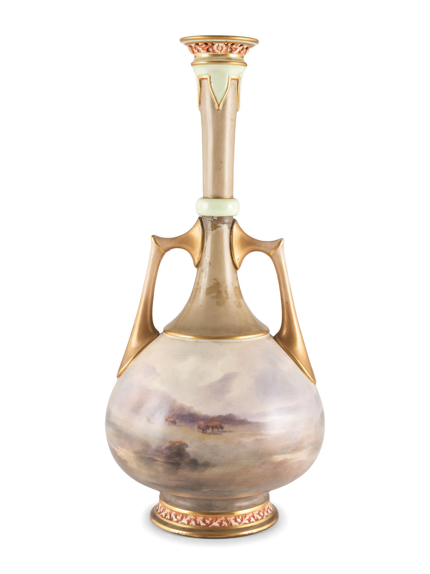A Royal Worcester "Highland Cattle" Porcelain Vase by John Stinton