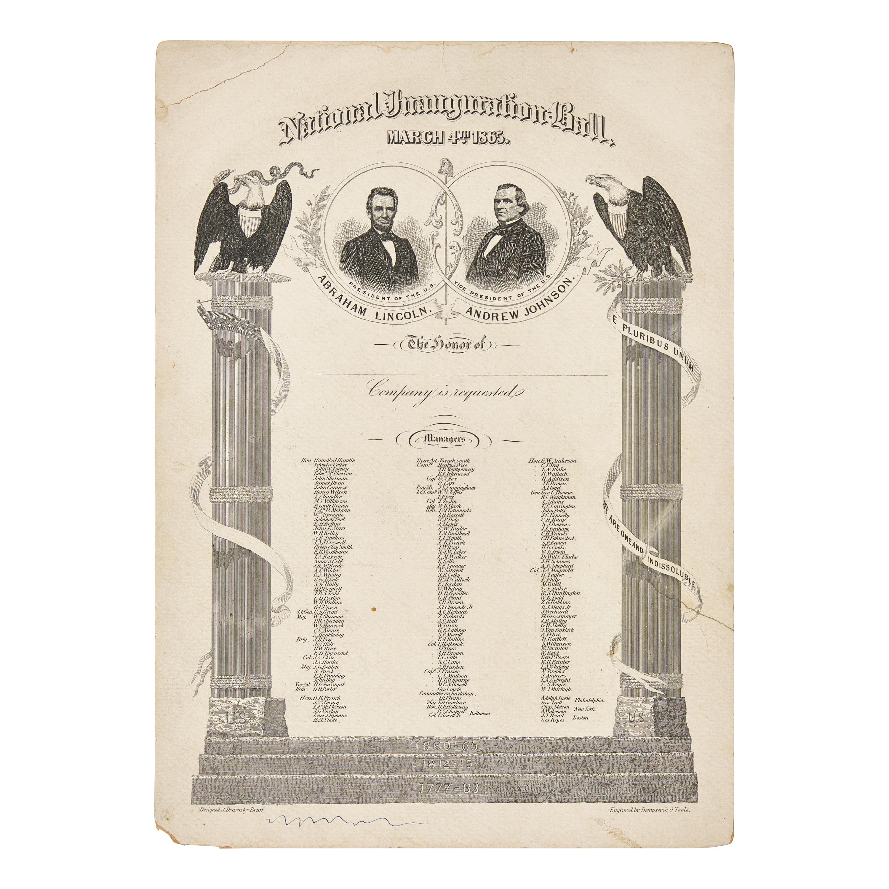 [Lincoln, Abraham] National Inauguration Ball Invitation. March 4th, 1865