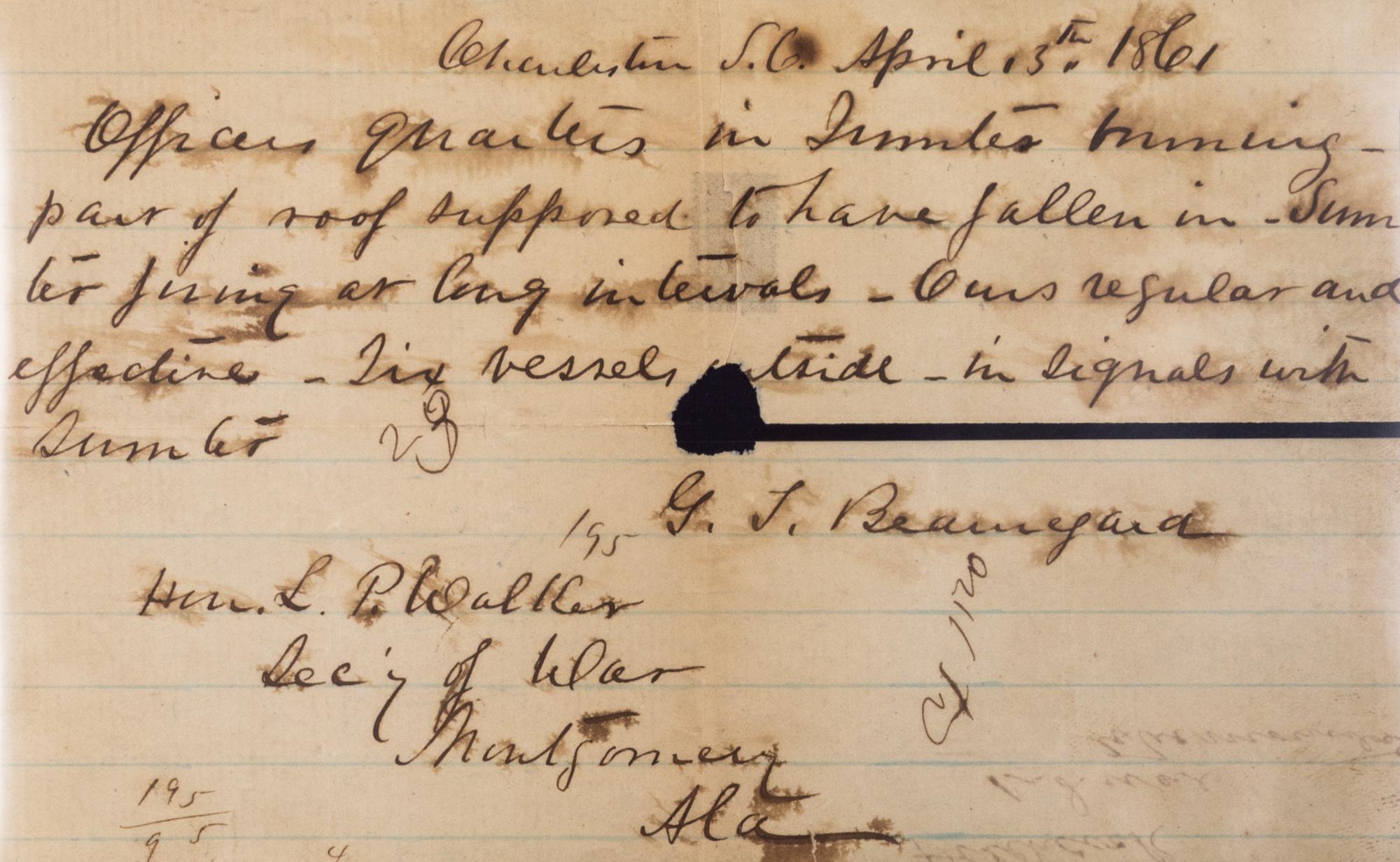 (CIVIL WAR) FORT SUMTER. Highly important MS telegram, from General Pierre G.T. Beauregard to L.P. Walker, April 13, 1861.