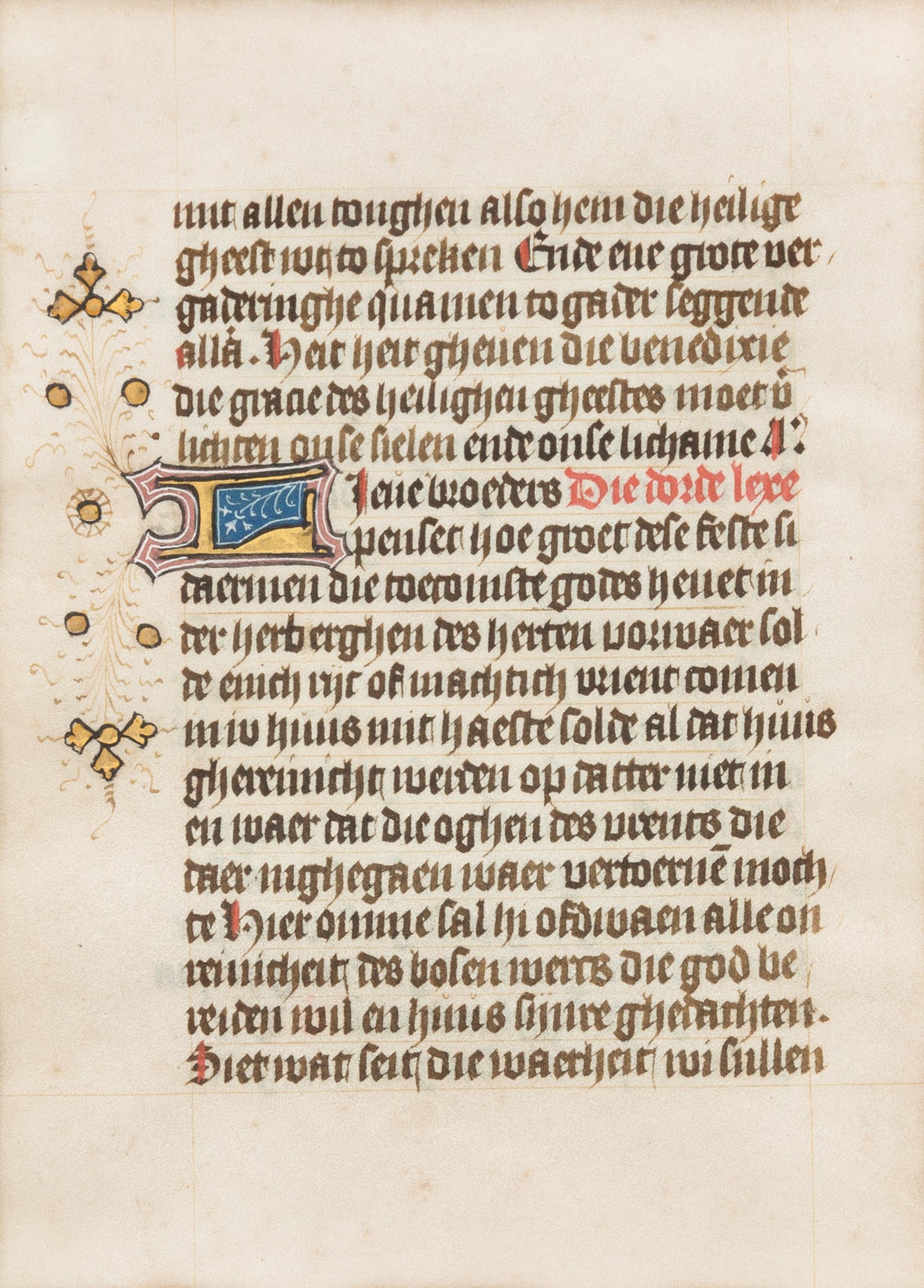 [ILLUMINATION]. LEAF FROM A BOOK OF HOURS, in German [ca 1450]. 2 sides: recto with 2-line initial in blue heightened in gold.