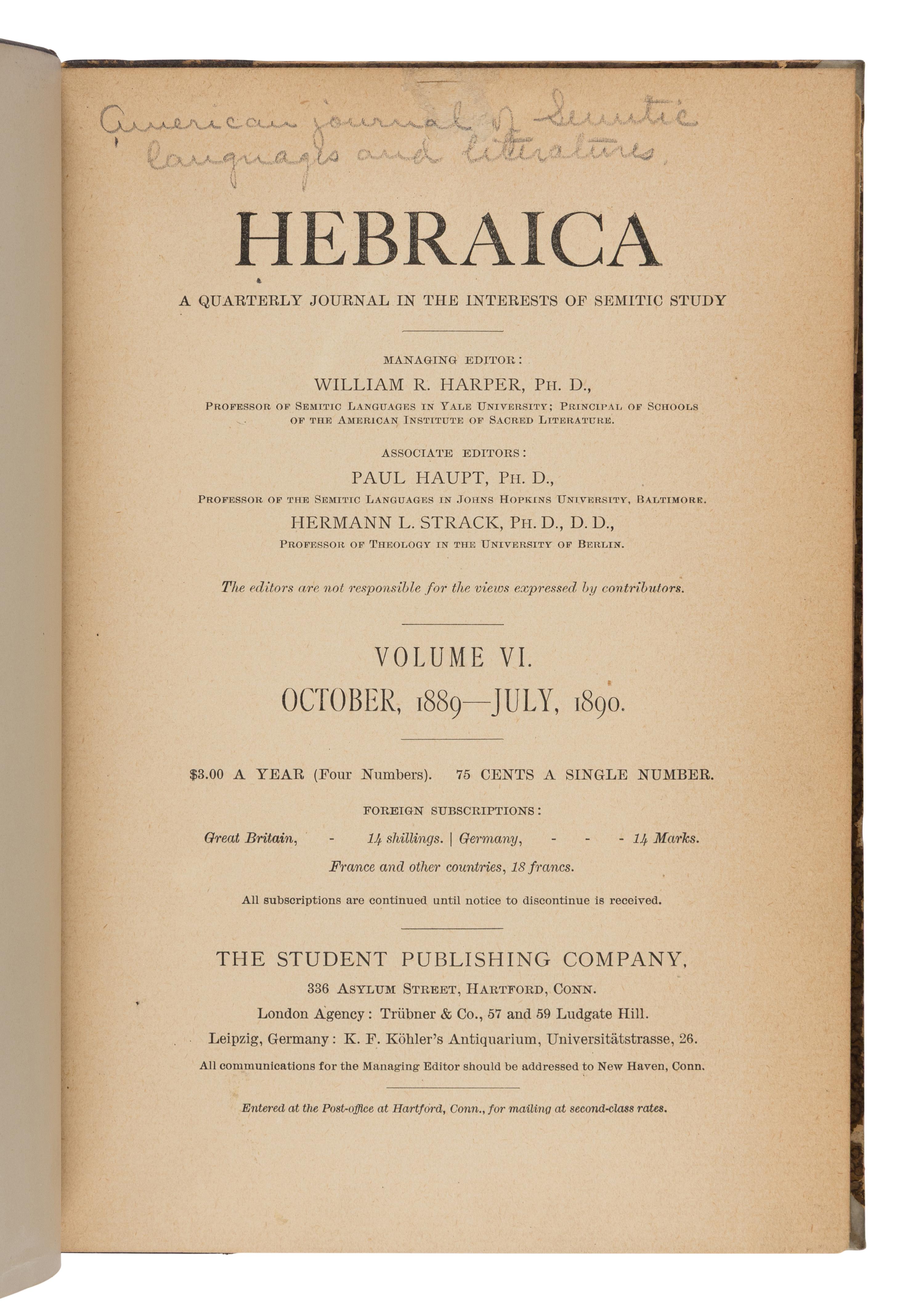 [Judaica] Harper, William Rainey, et al. (editors). Group of 4 bound volumes of "Hebraica: A Quarterly Journal in the Interests of Semitic Study"