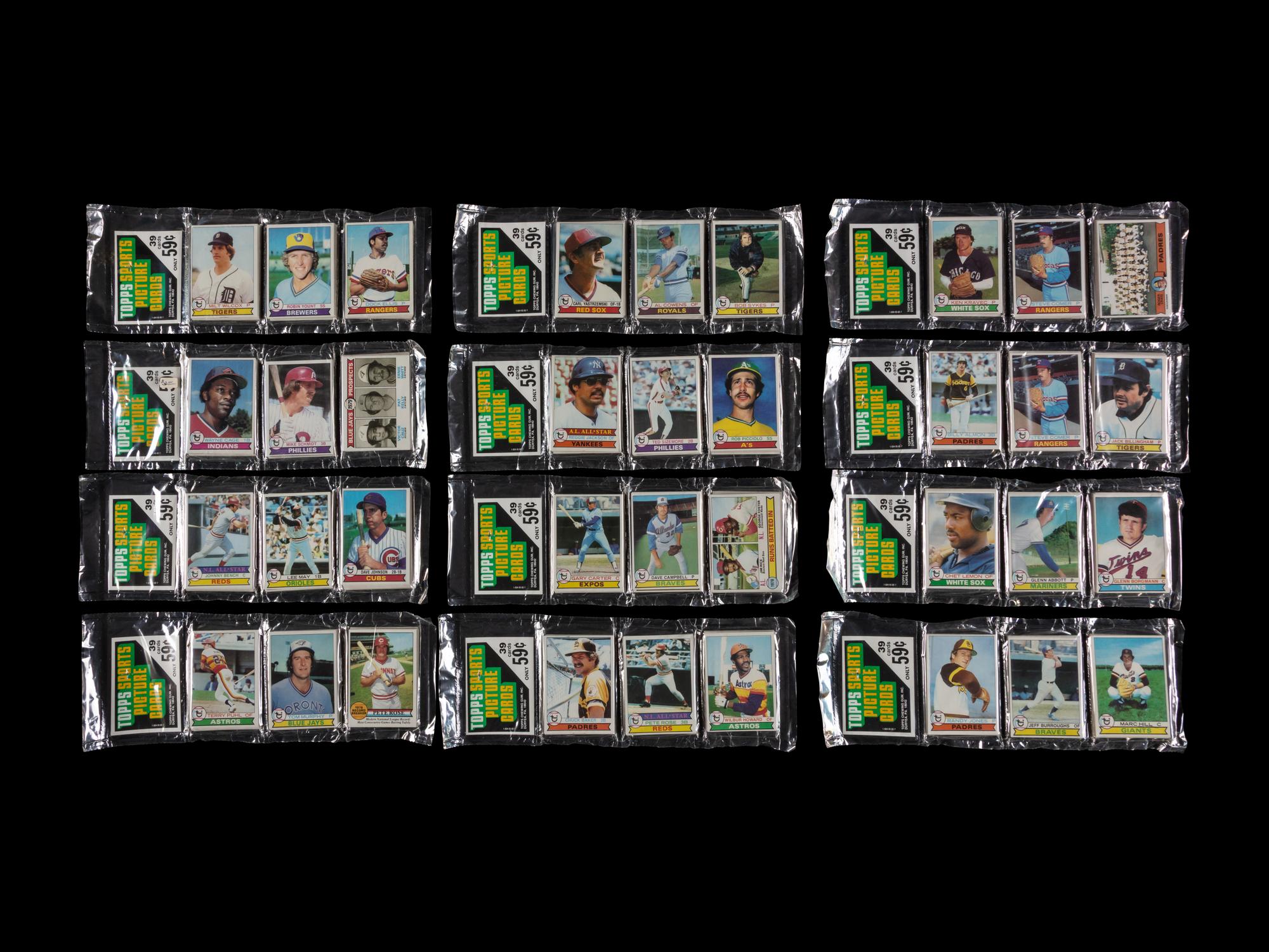 A Box of 24 Unopened 1979 Topps Baseball Card Rack Packs with Multiple Hall of Famers and Notable Visible – Possible Ozzie Smith Rookie Cards