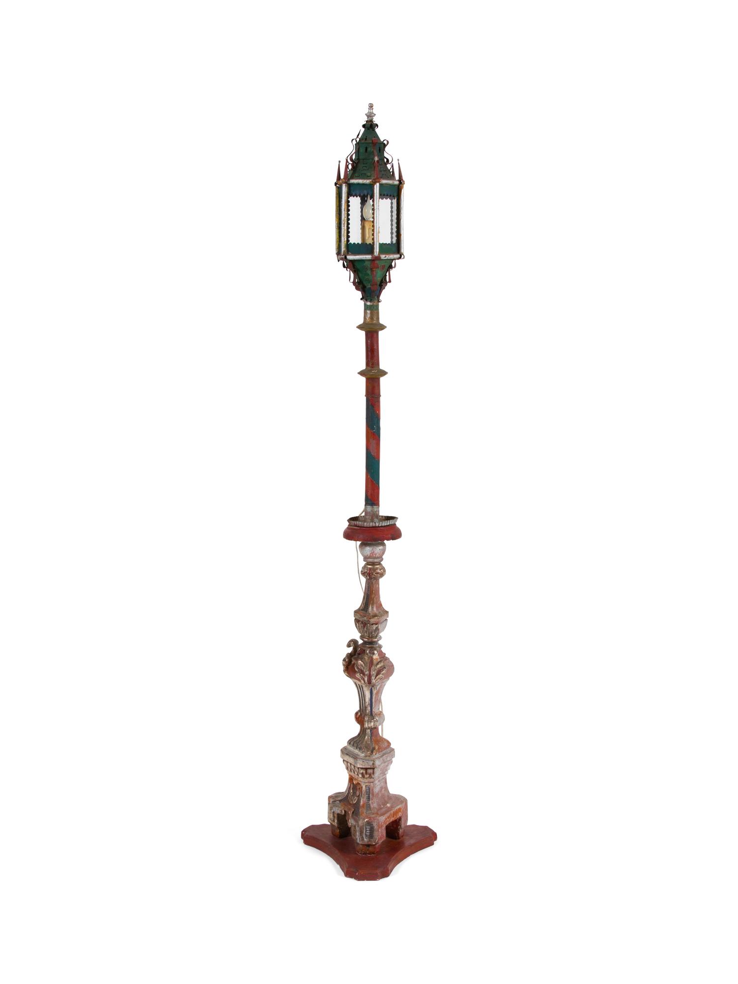 A Venetian Style Painted Tole and Carved Wood Lantern on Stand