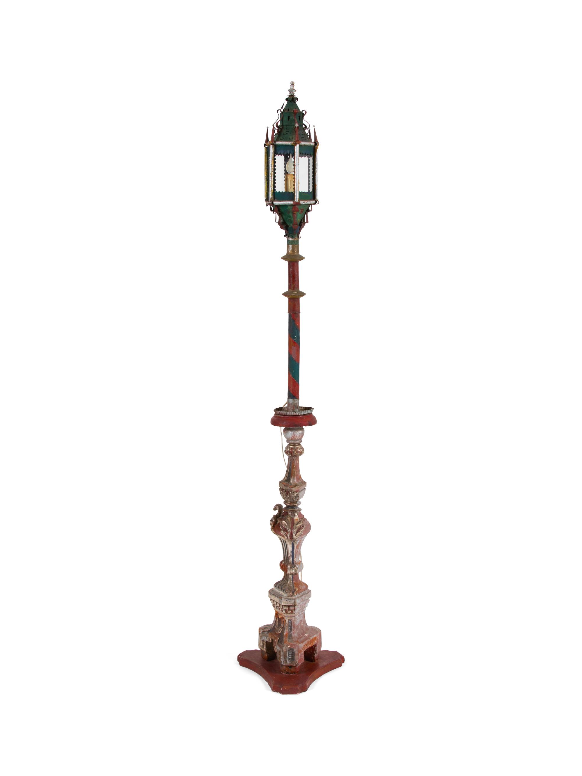 A Venetian Style Painted Tole and Carved Wood Lantern on Stand