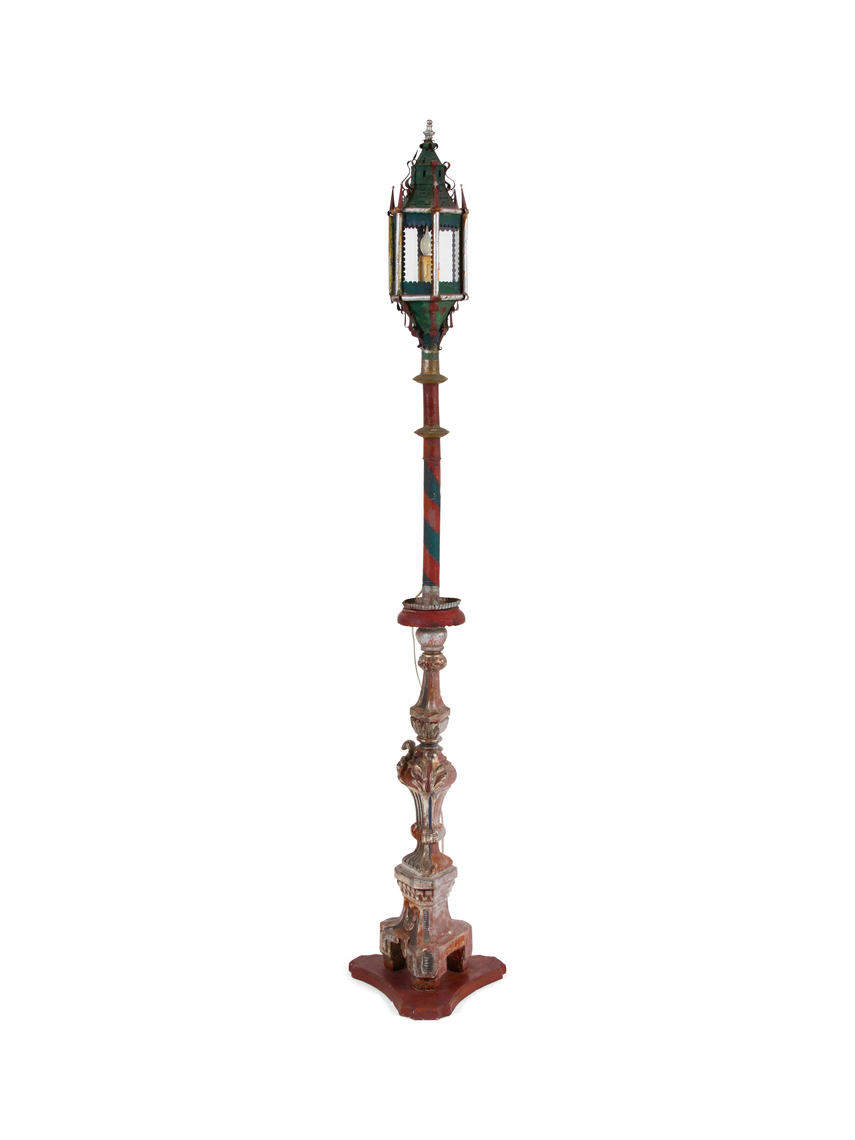 A Venetian Style Painted Tole and Carved Wood Lantern on Stand