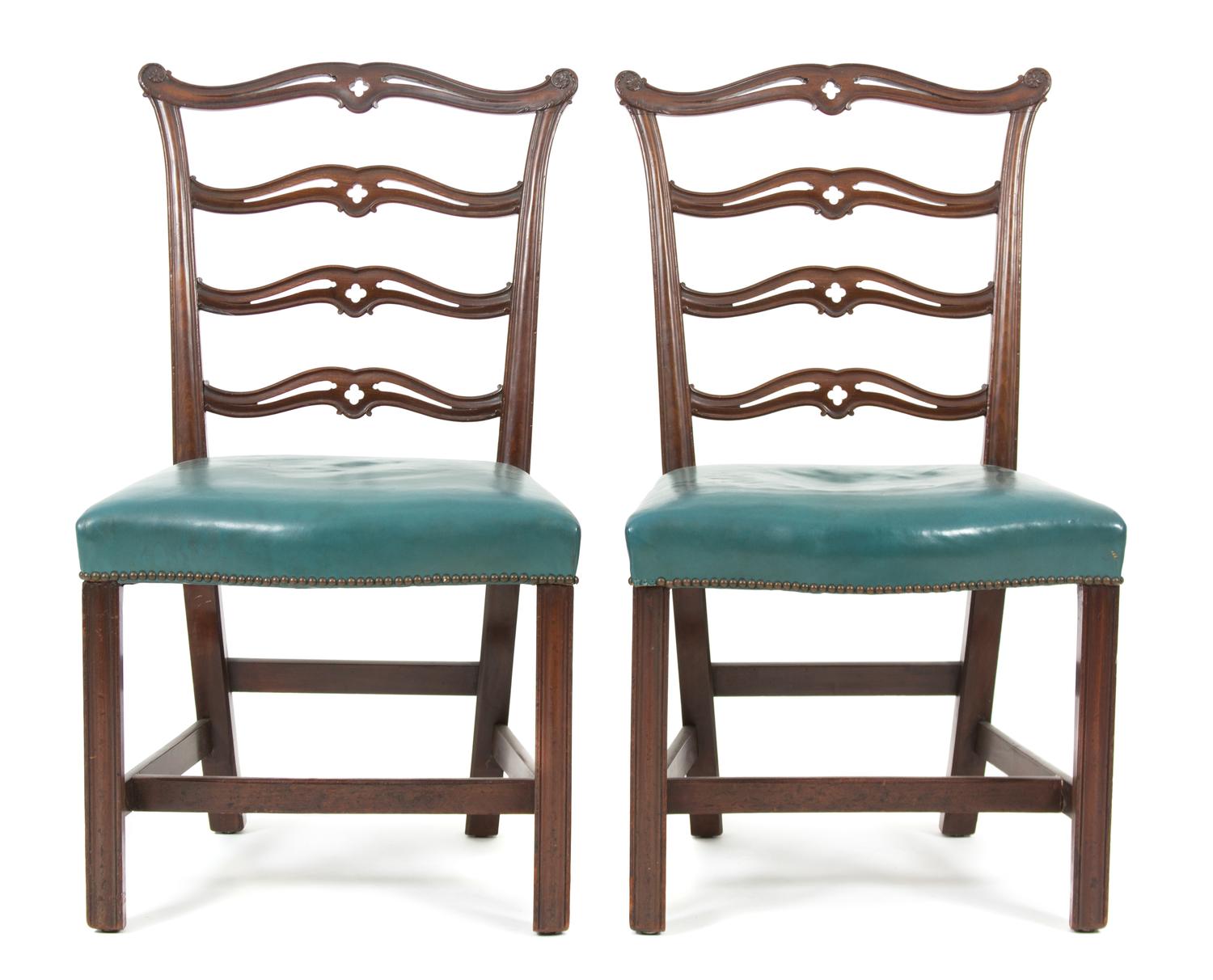 A Pair of Chippendale Style Carved Mahogany Ladder Back Side Chairs Height 37 1/2 inches. — EARLY 20TH CENTURY