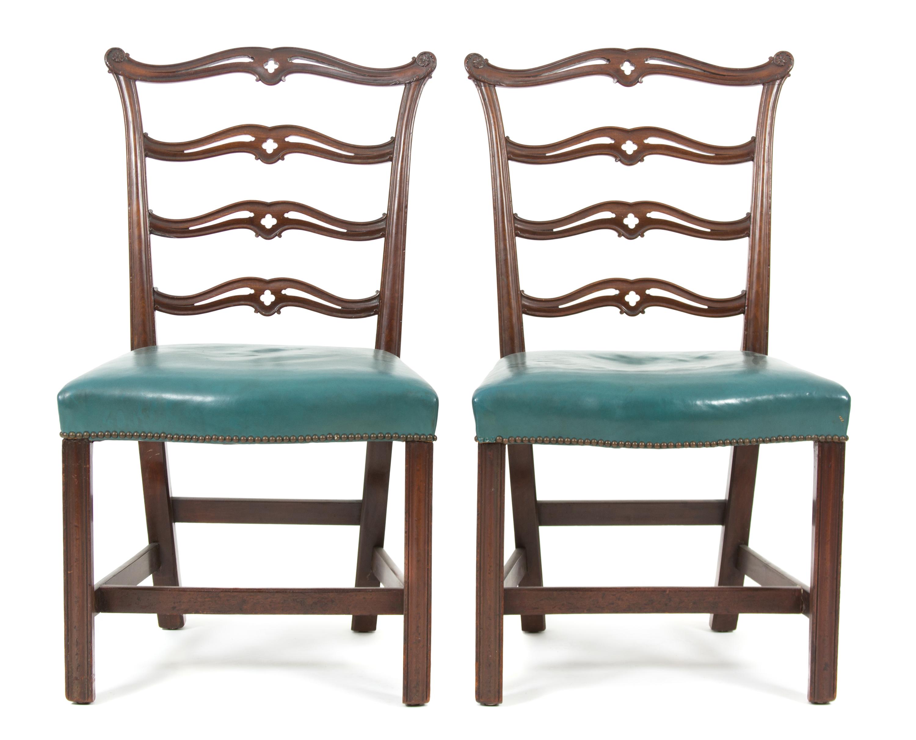 A Pair of Chippendale Style Carved Mahogany Ladder Back Side Chairs Height 37 1/2 inches. — EARLY 20TH CENTURY