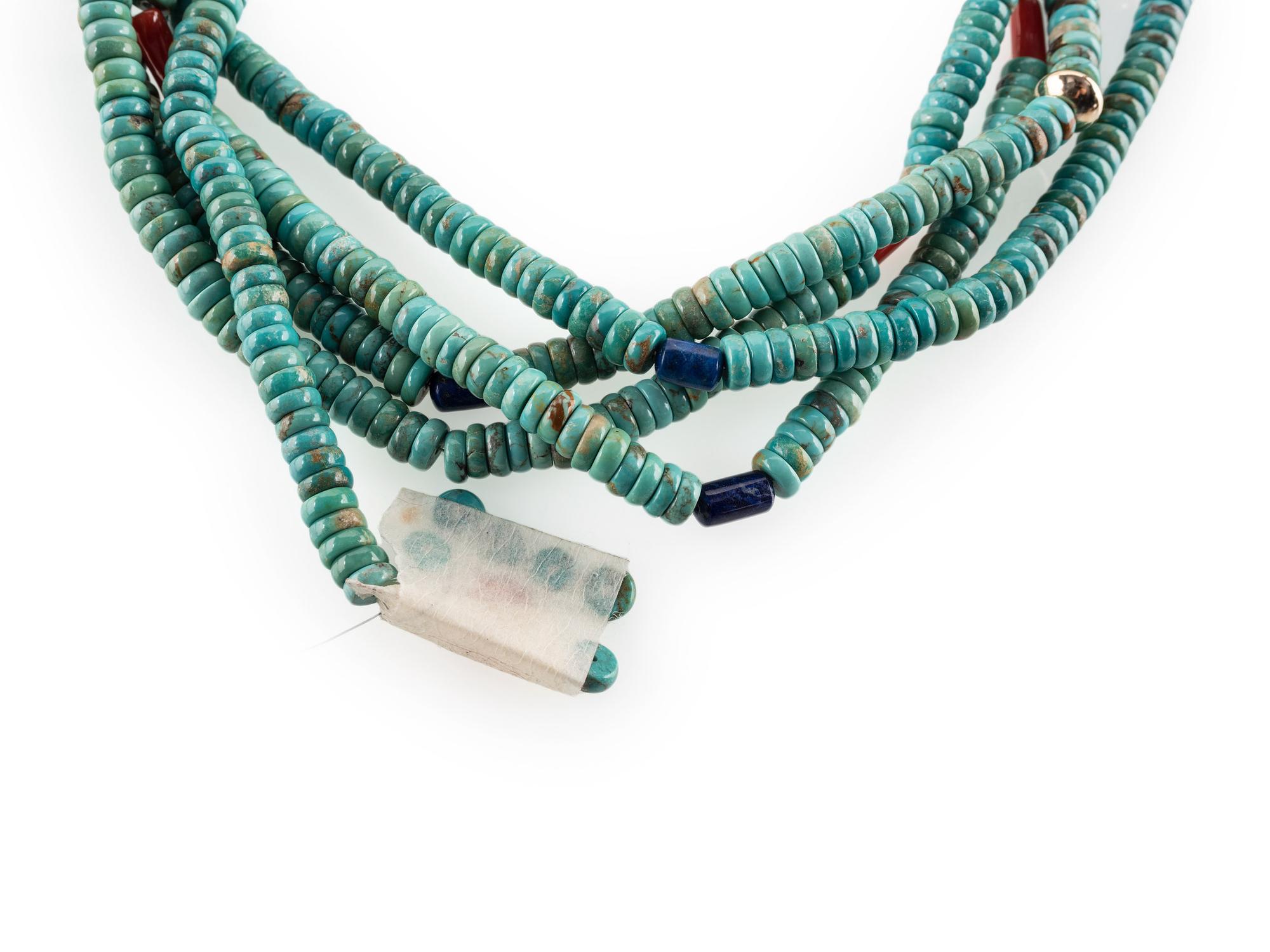 14K Gold Multi-strand Necklace, with Turquoise, Lapis, and Coral