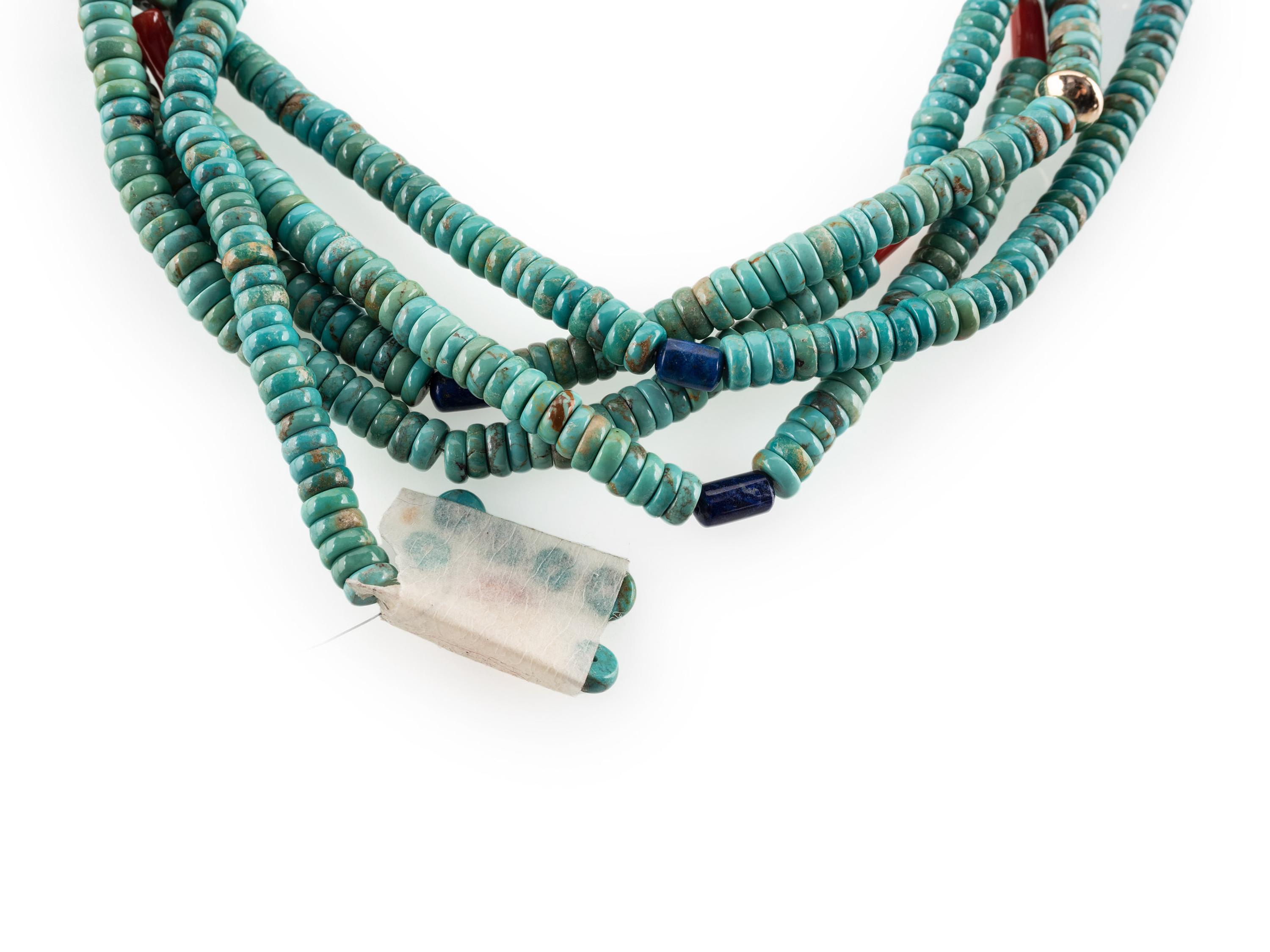 14K Gold Multi-strand Necklace, with Turquoise, Lapis, and Coral