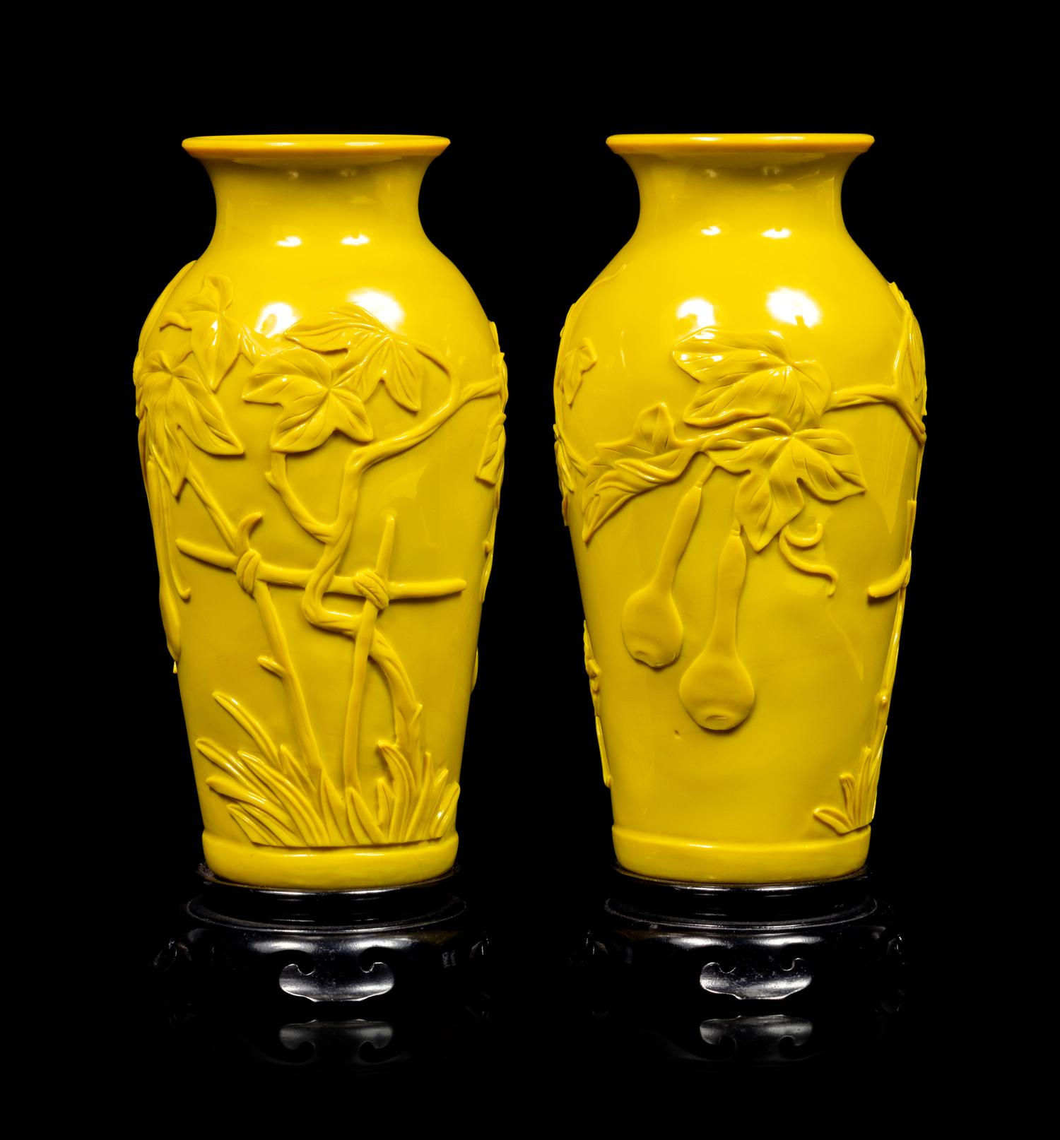 A Pair of Chinese Yellow Peking Glass Baluster Vases