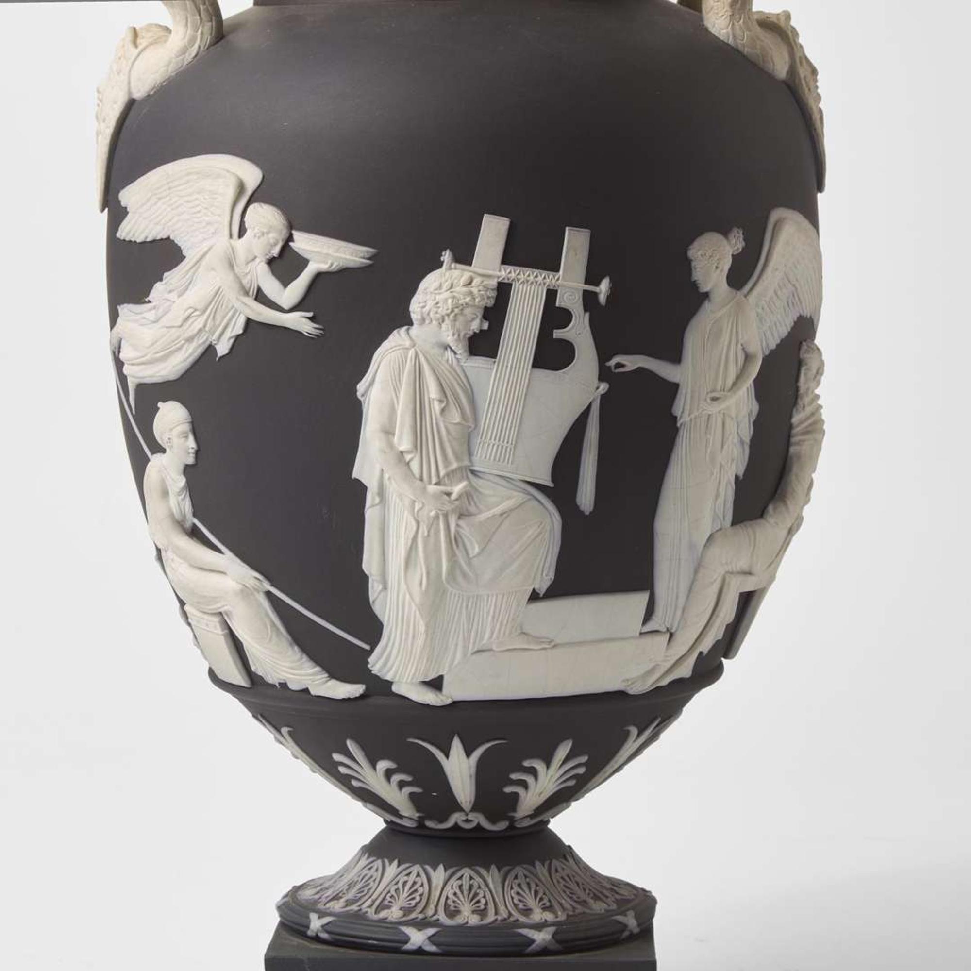 A Wedgwood Solid Black Jasperware Pegasus Vase and Cover UK, 1880s