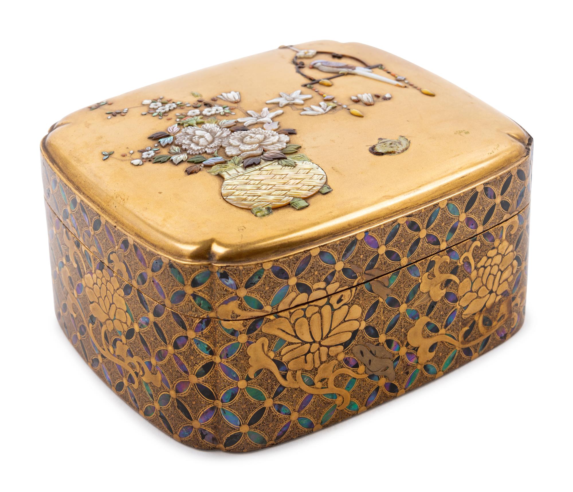 A Japanese Mother-of-Pearl Inlaid Gilt Lacquer Covered Box