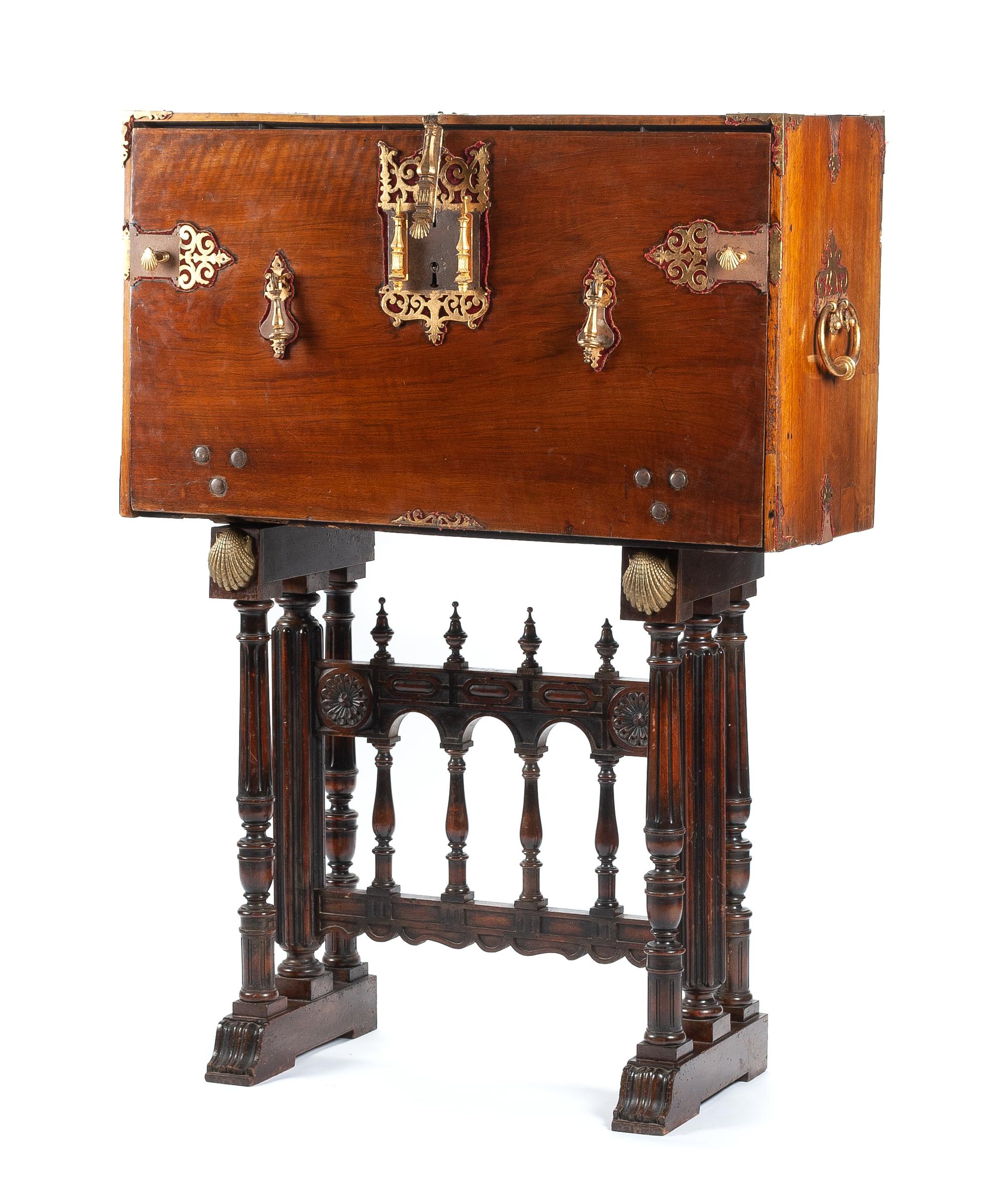 A Continental Brass Mounted Vargueno on Stand Height 58 x width 42 x depth 17 1/2 inches. — 18TH/19TH CENTURY