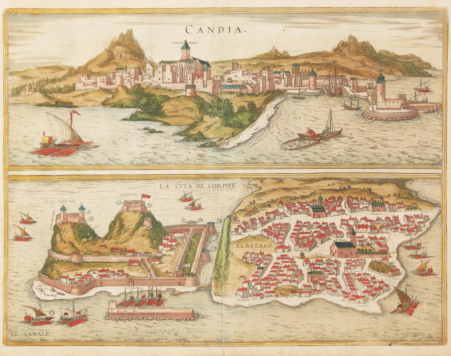 A group of four hand-colored copper engravings depicting town views, from Civitates Orbis Terrarum , Georg Braun (1541-1622) and Frans Hogenberg (1535-1590), 1575 or later