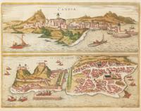 A group of four hand-colored copper engravings depicting town views, from Civitates Orbis Terrarum , Georg Braun (1541-1622) and Frans Hogenberg (1535-1590), 1575 or later