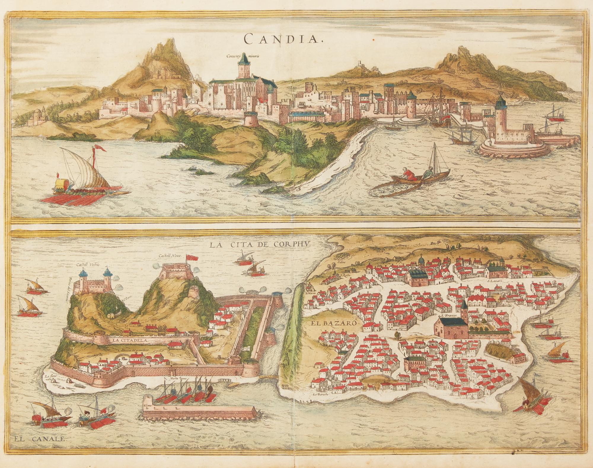 A group of four hand-colored copper engravings depicting town views, from Civitates Orbis Terrarum , Georg Braun (1541-1622) and Frans Hogenberg (1535-1590), 1575 or later