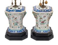 A Pair of Chinese Export Famille Rose Porcelain Tulipières Mounted as Lamps