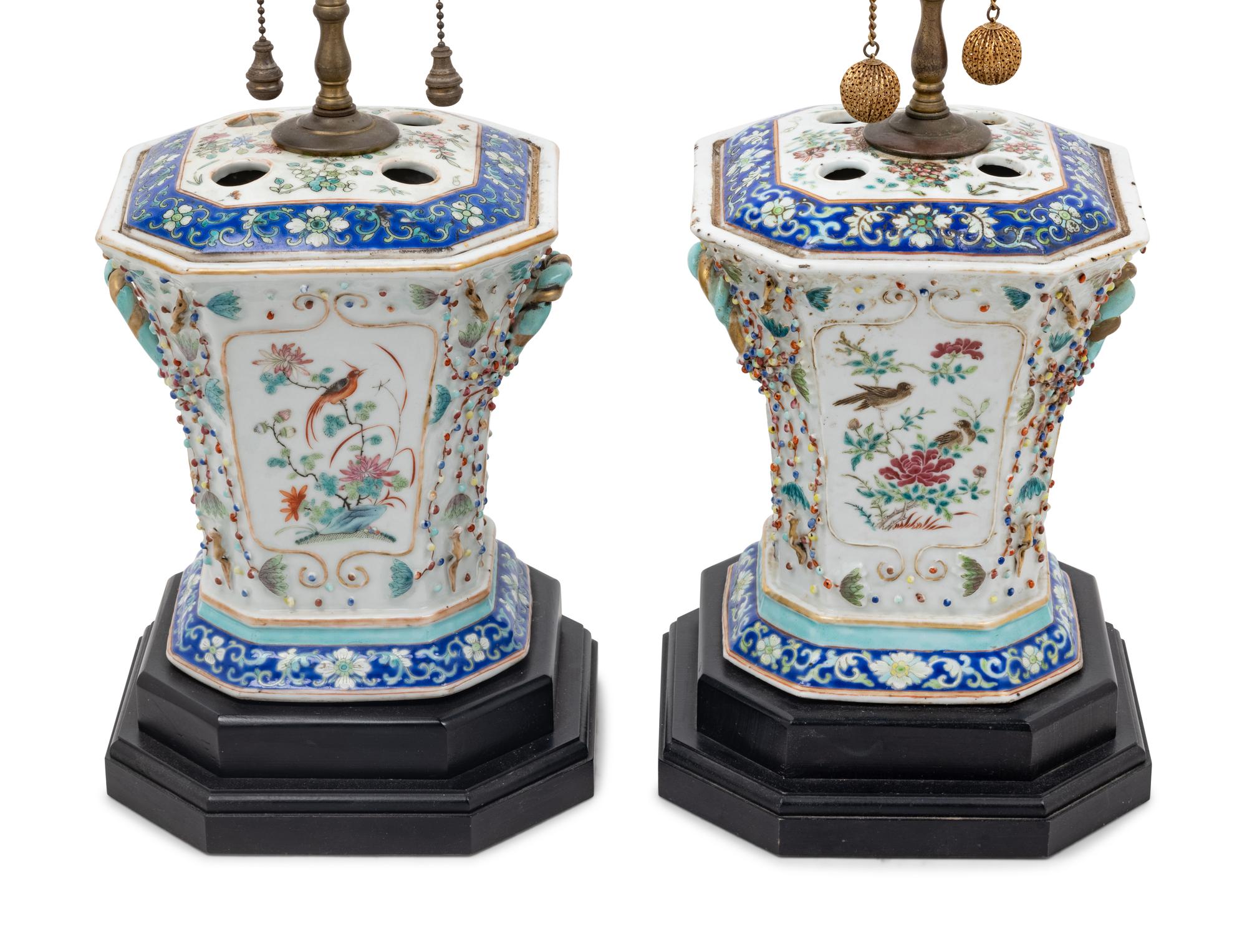 A Pair of Chinese Export Famille Rose Porcelain Tulipières Mounted as Lamps
