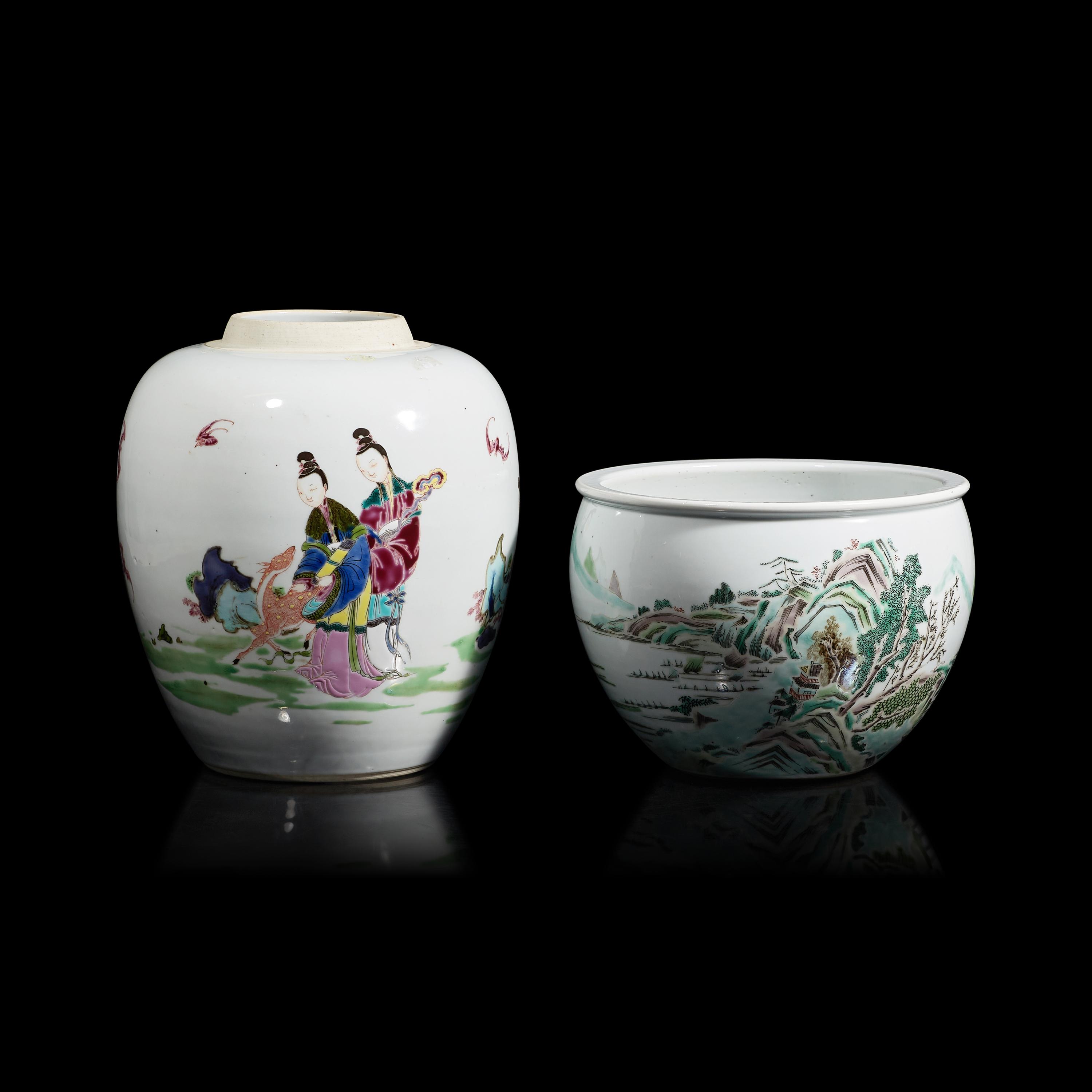 Two Chinese Famille Verte Porcelain Vessels — 五彩人物图罐及山水图卷缸