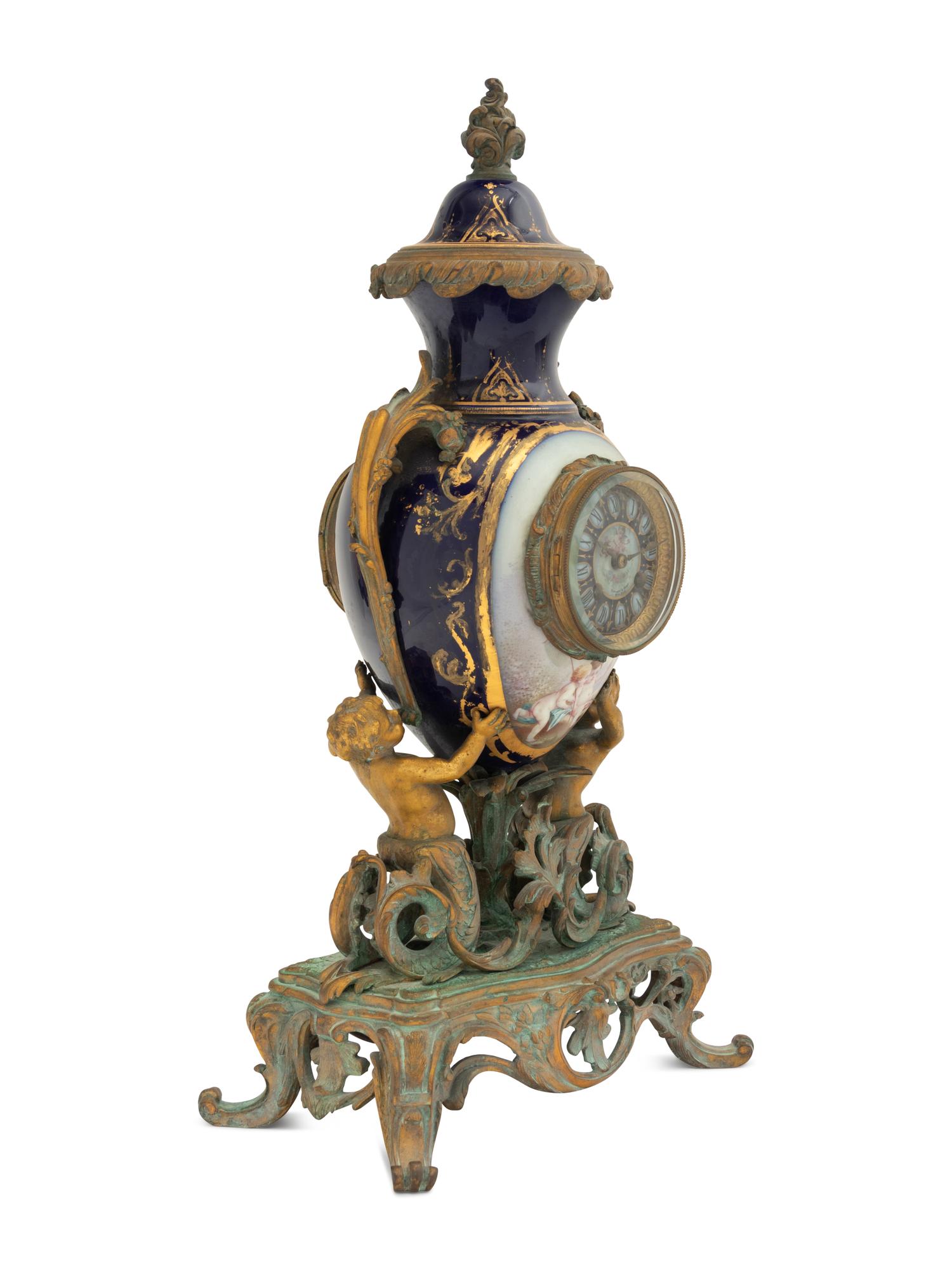 A Sèvres Style Gilt Bronze Mounted Porcelain Mantel Clock Retailed by Tiffany and Co.