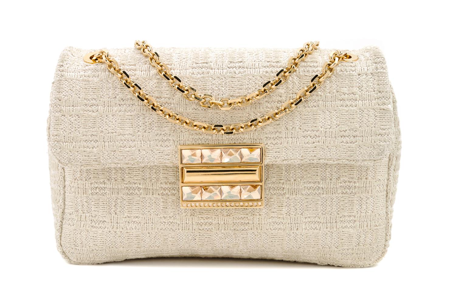 A Judith Leiber Cream Tweed Flap Handbag, 9.5" x 6.5" x 2.5".