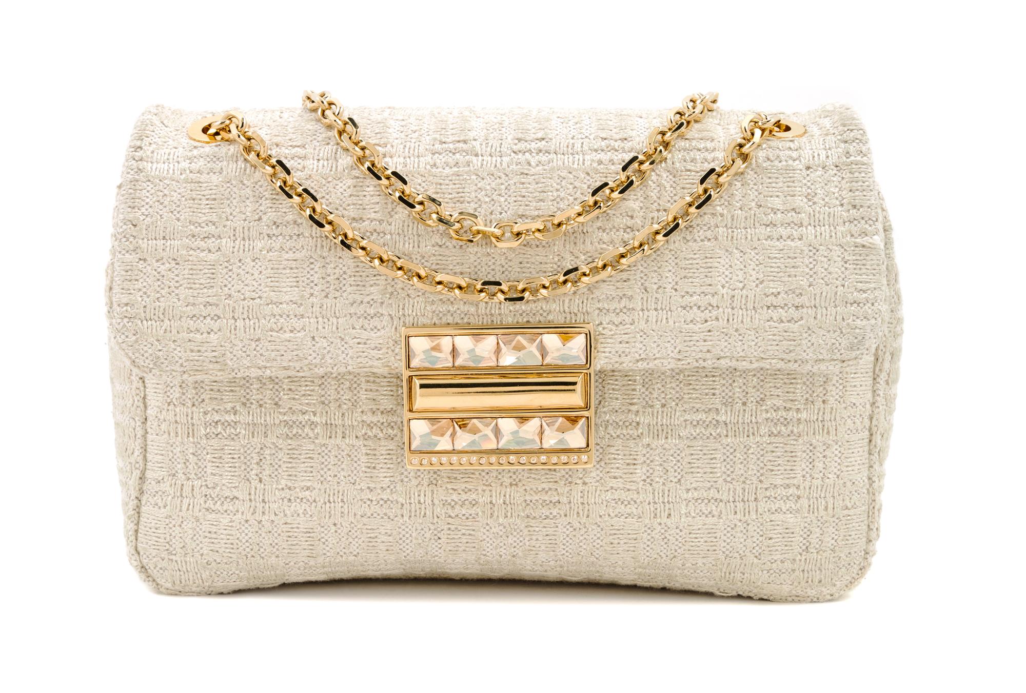 A Judith Leiber Cream Tweed Flap Handbag, 9.5" x 6.5" x 2.5".