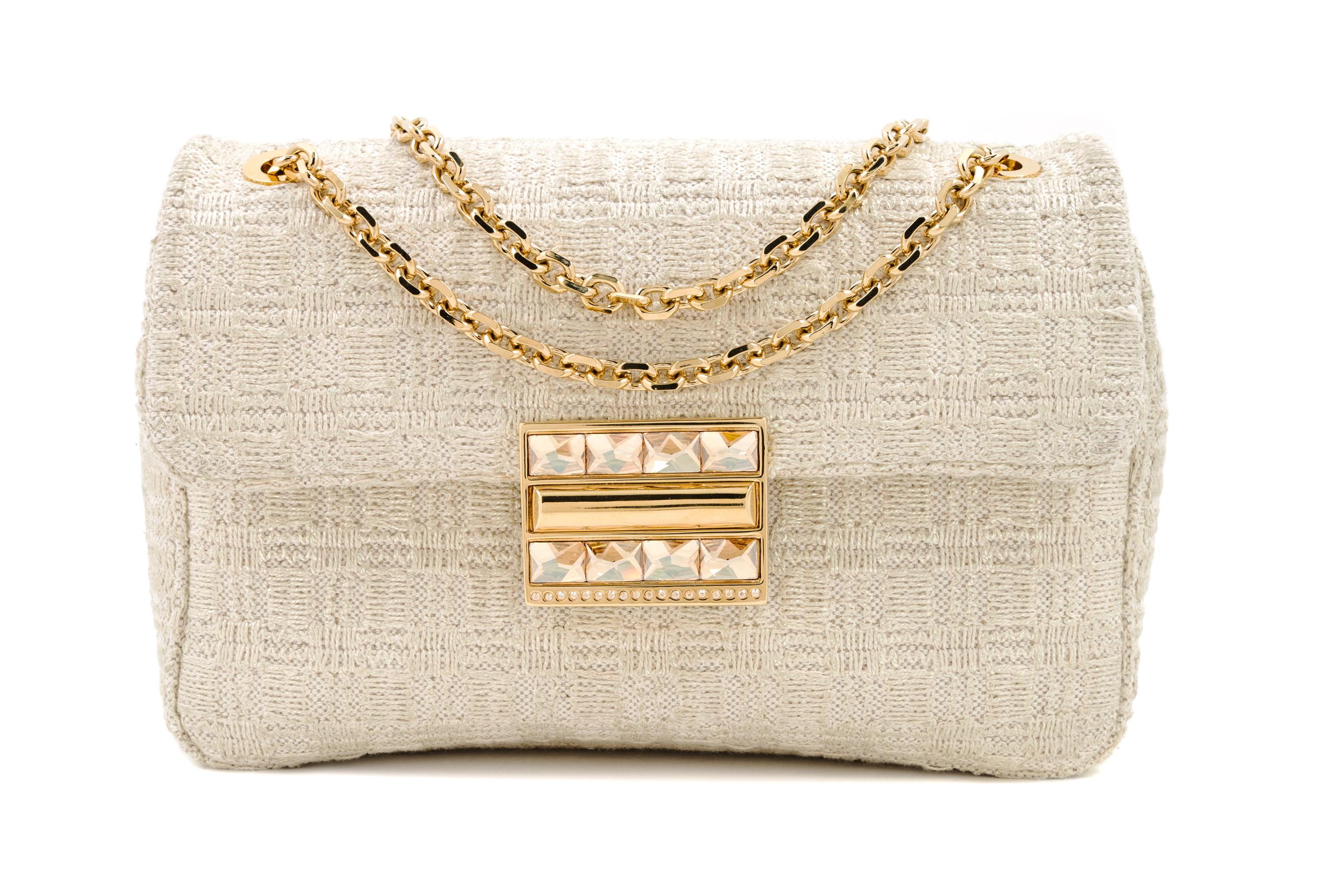 A Judith Leiber Cream Tweed Flap Handbag, 9.5" x 6.5" x 2.5".