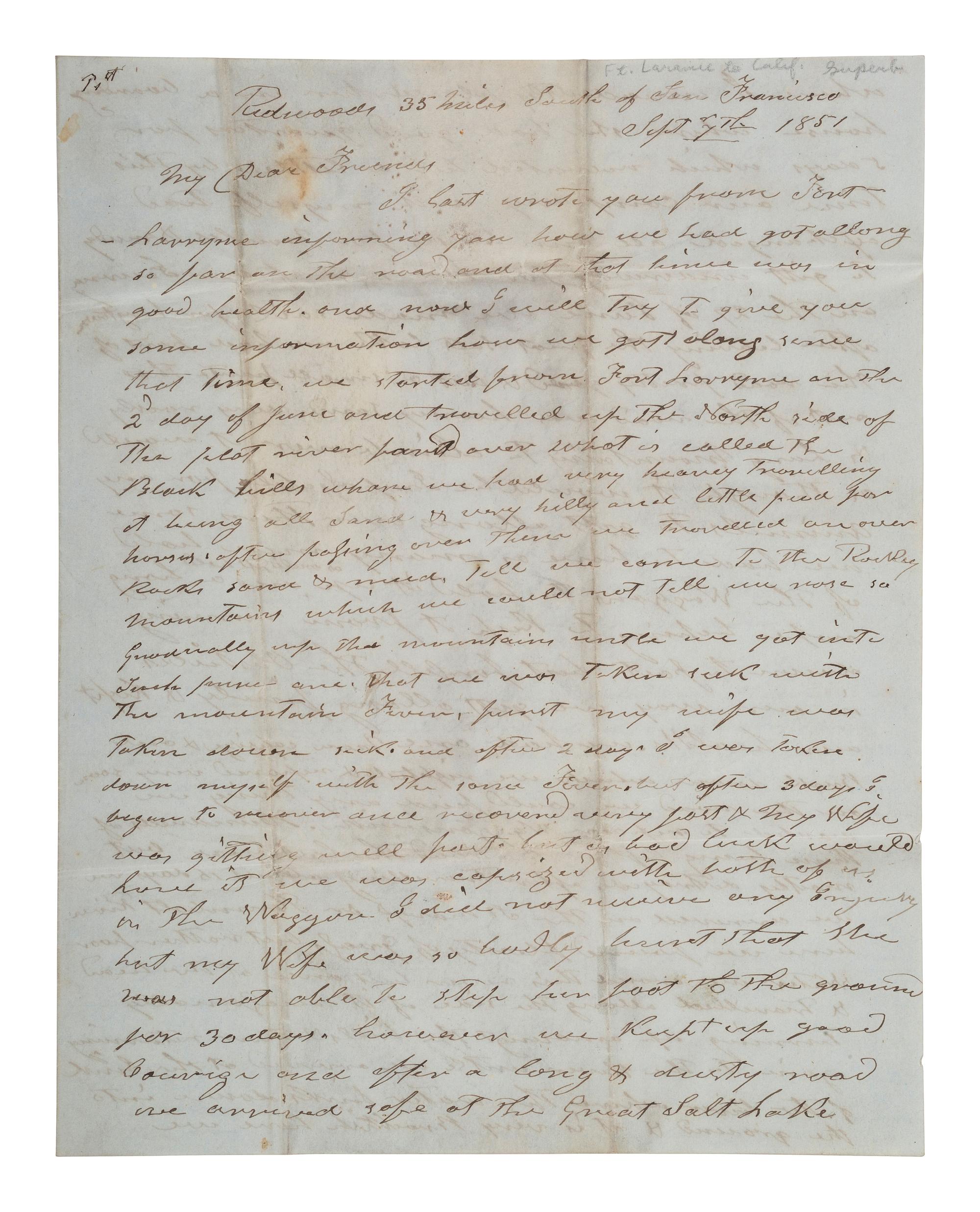 [GOLD RUSH]. Letter describing the arduous overland journey from Ft. Laramie to California, 1851.