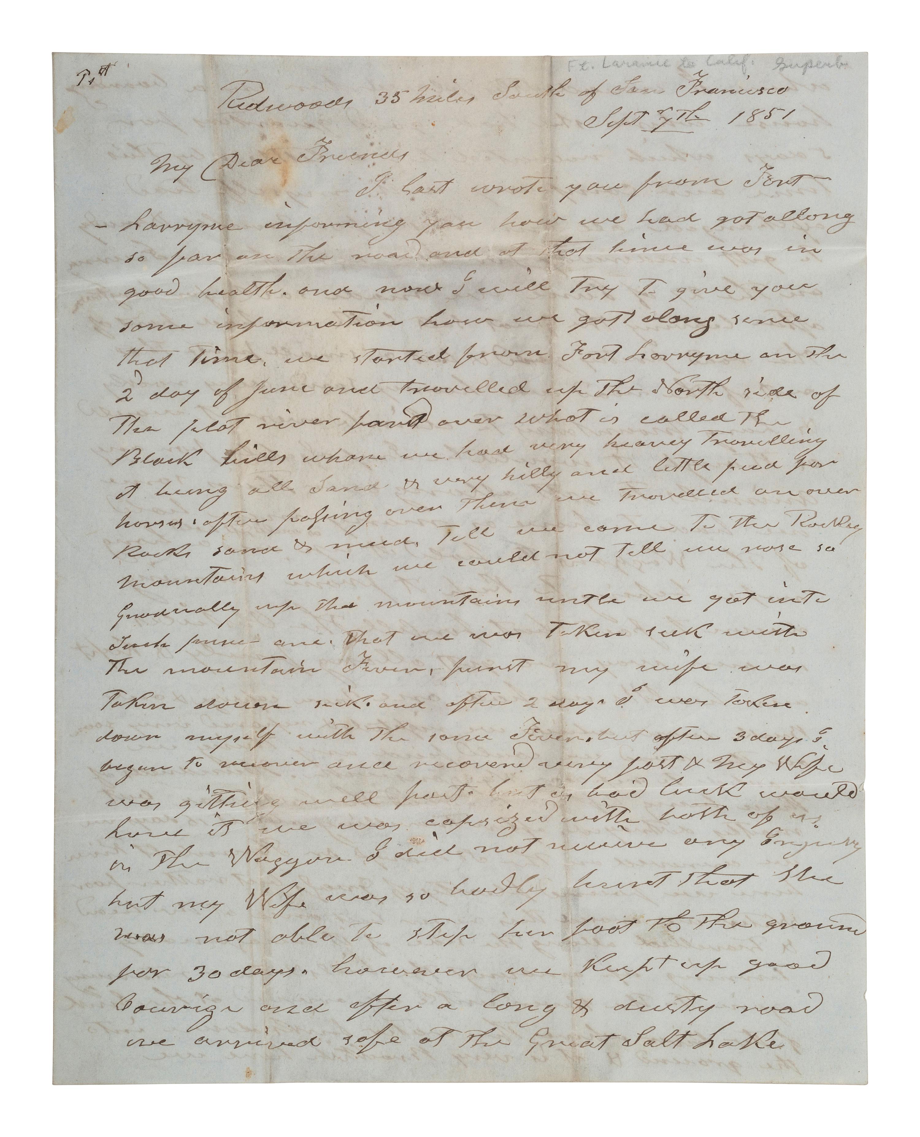 [GOLD RUSH]. Letter describing the arduous overland journey from Ft. Laramie to California, 1851.