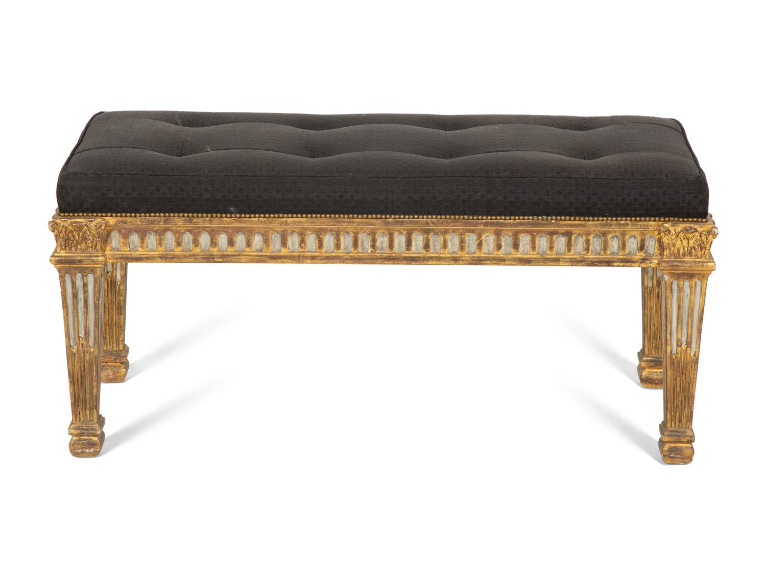 A Louis XIV Style Grey-Painted and Parcel Gilt Bench