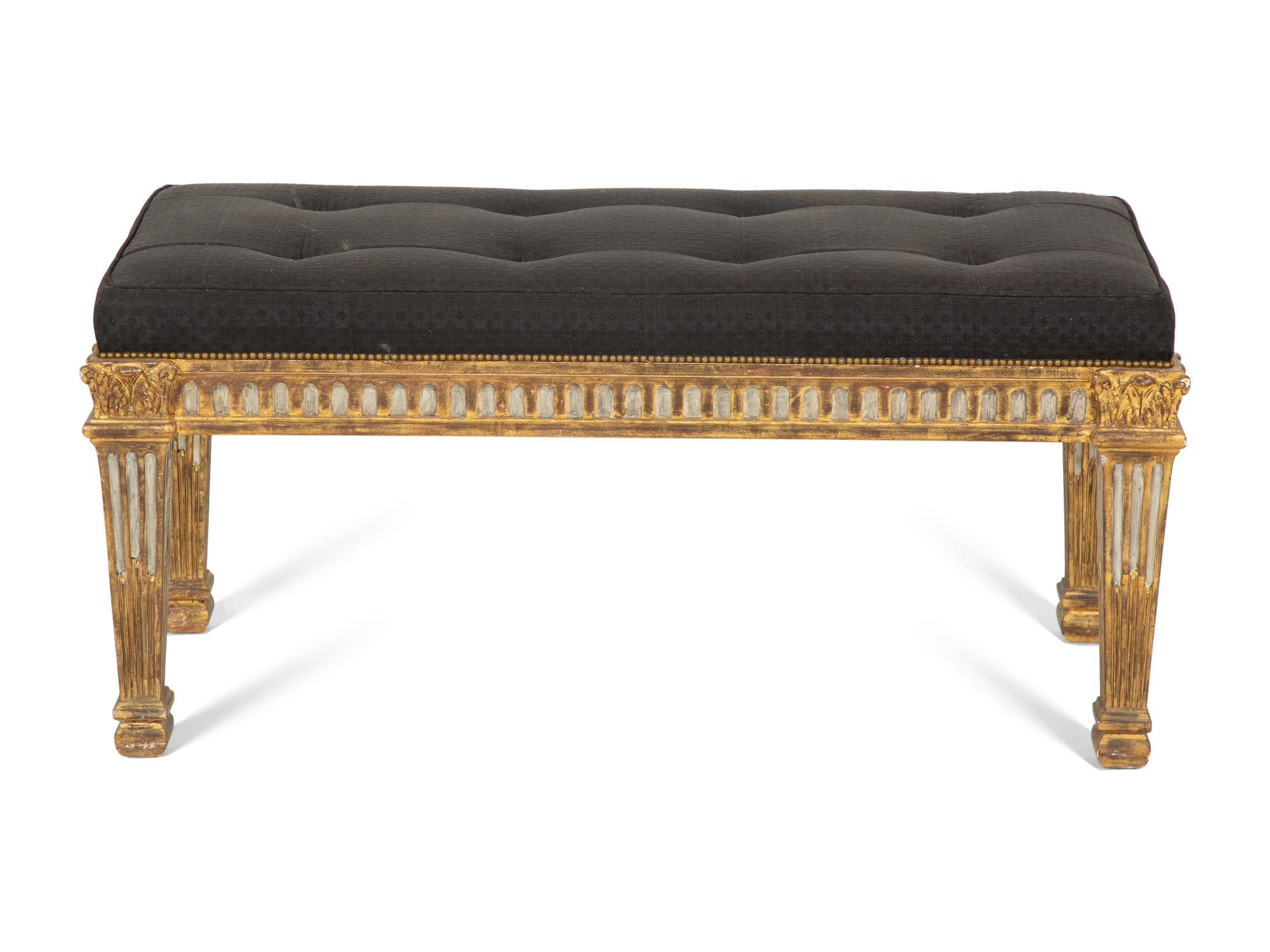 A Louis XIV Style Grey-Painted and Parcel Gilt Bench