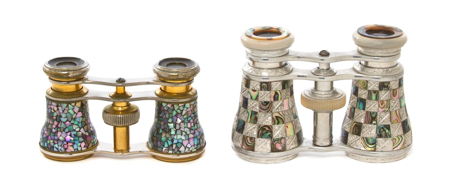 Two Pairs of Mother-of-Pearl Veneered Opera Glasses, Width of first 3 7/8 inches.