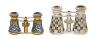 Two Pairs of Mother-of-Pearl Veneered Opera Glasses, Width of first 3 7/8 inches.