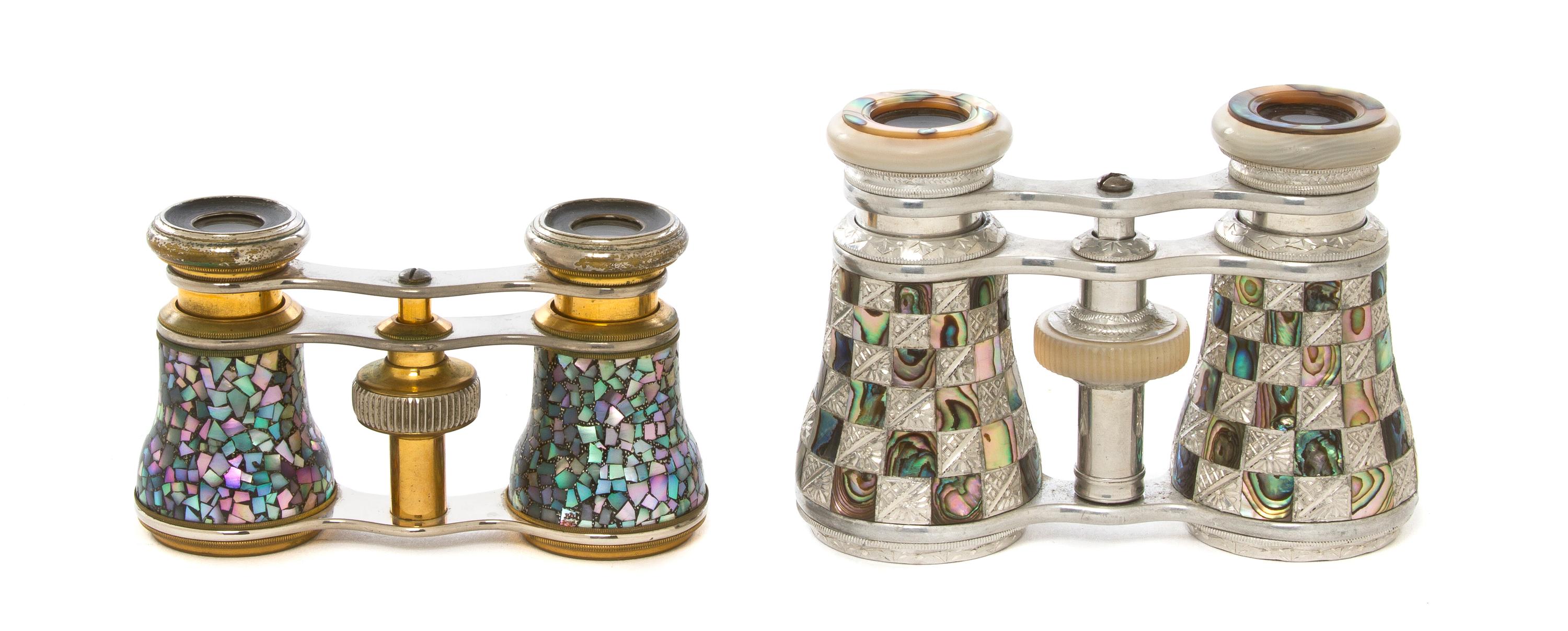 Two Pairs of Mother-of-Pearl Veneered Opera Glasses, Width of first 3 7/8 inches.