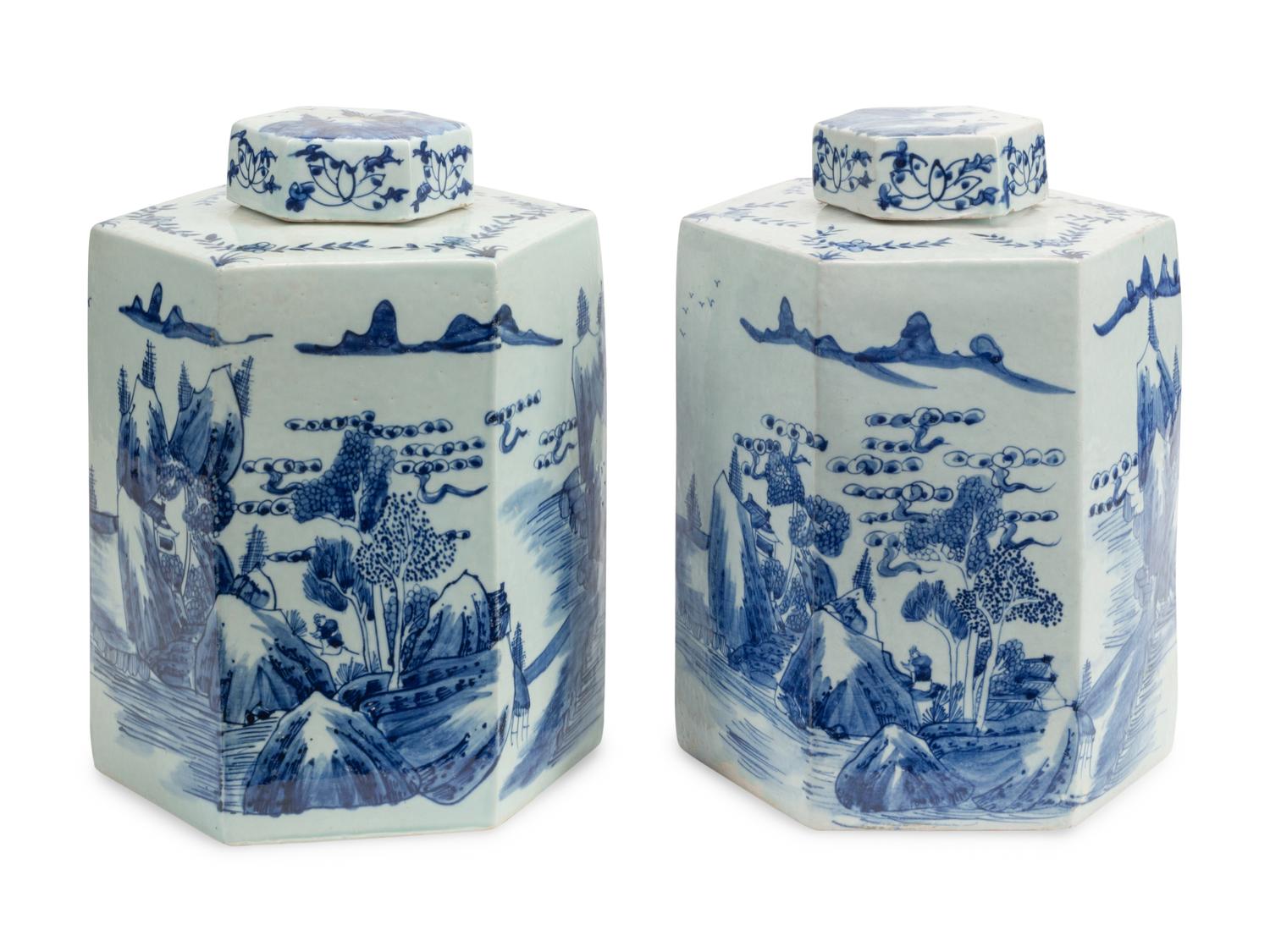 A Pair of Chinese Porcelain Hexagonal Tea Caddies