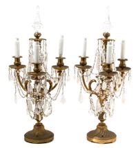 A Pair of Louis XVI Style Three-Light Gilt Bronze and Cut Crystal Candelabra Height 27 1/2 x diameter 13 inches. — 19TH CENTURY