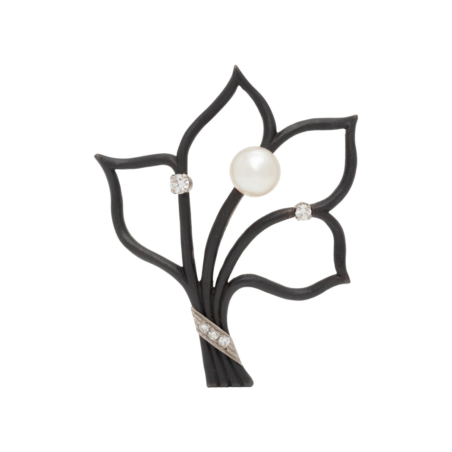 MARSH & CO, ART MODERNE, BLACKENED STEEL, CULTURED PEARL AND DIAMOND BROOCH
