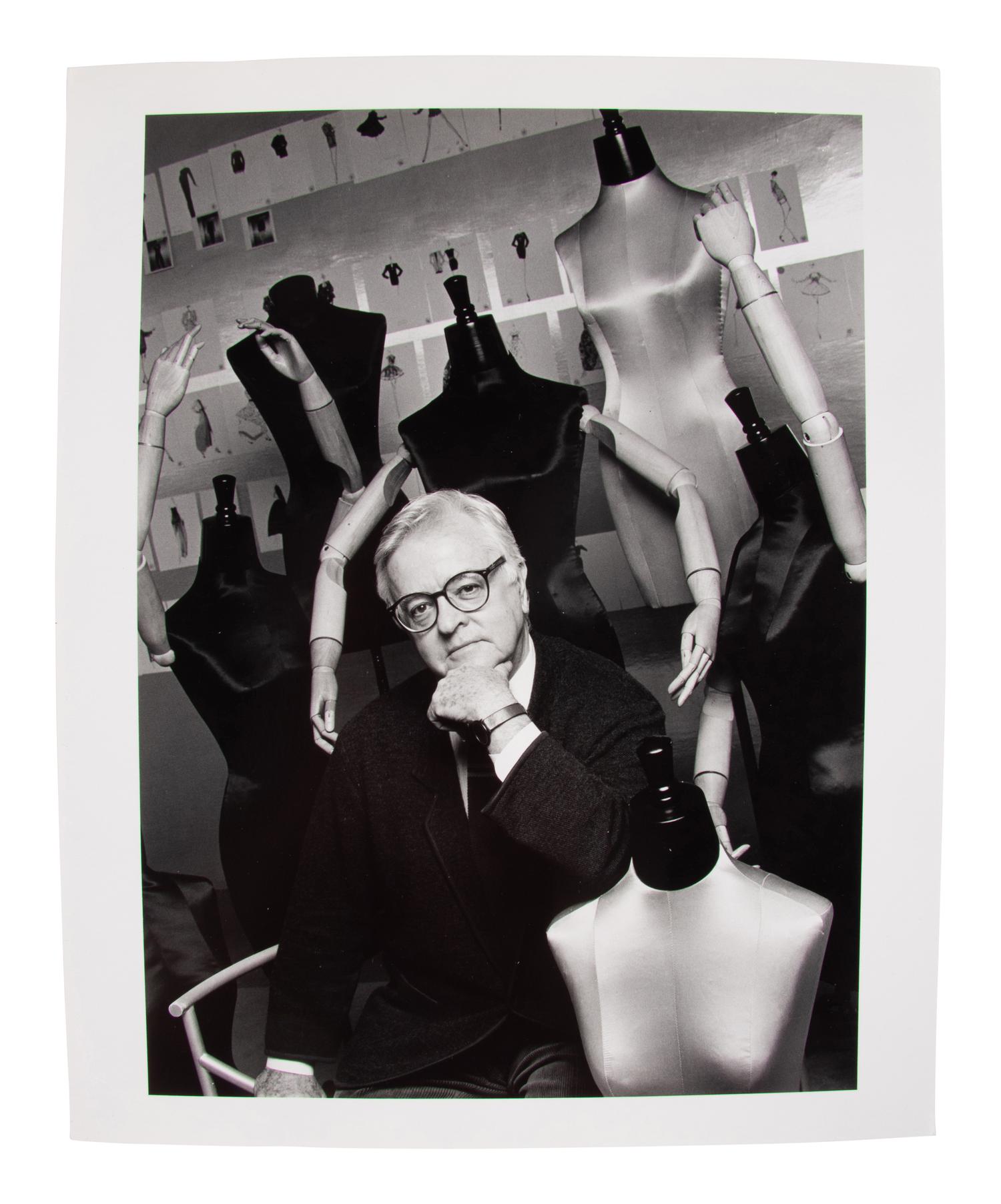 A Fashion Sketch by Geoffrey Beene & A Photo of Geoffrey Beene by Steven Caras